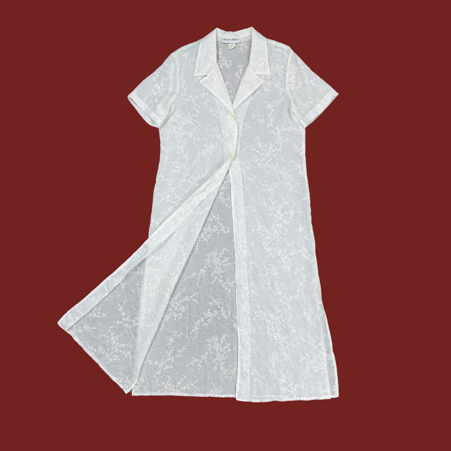 (L/XL) Sheer White Floral Embroidered Duster