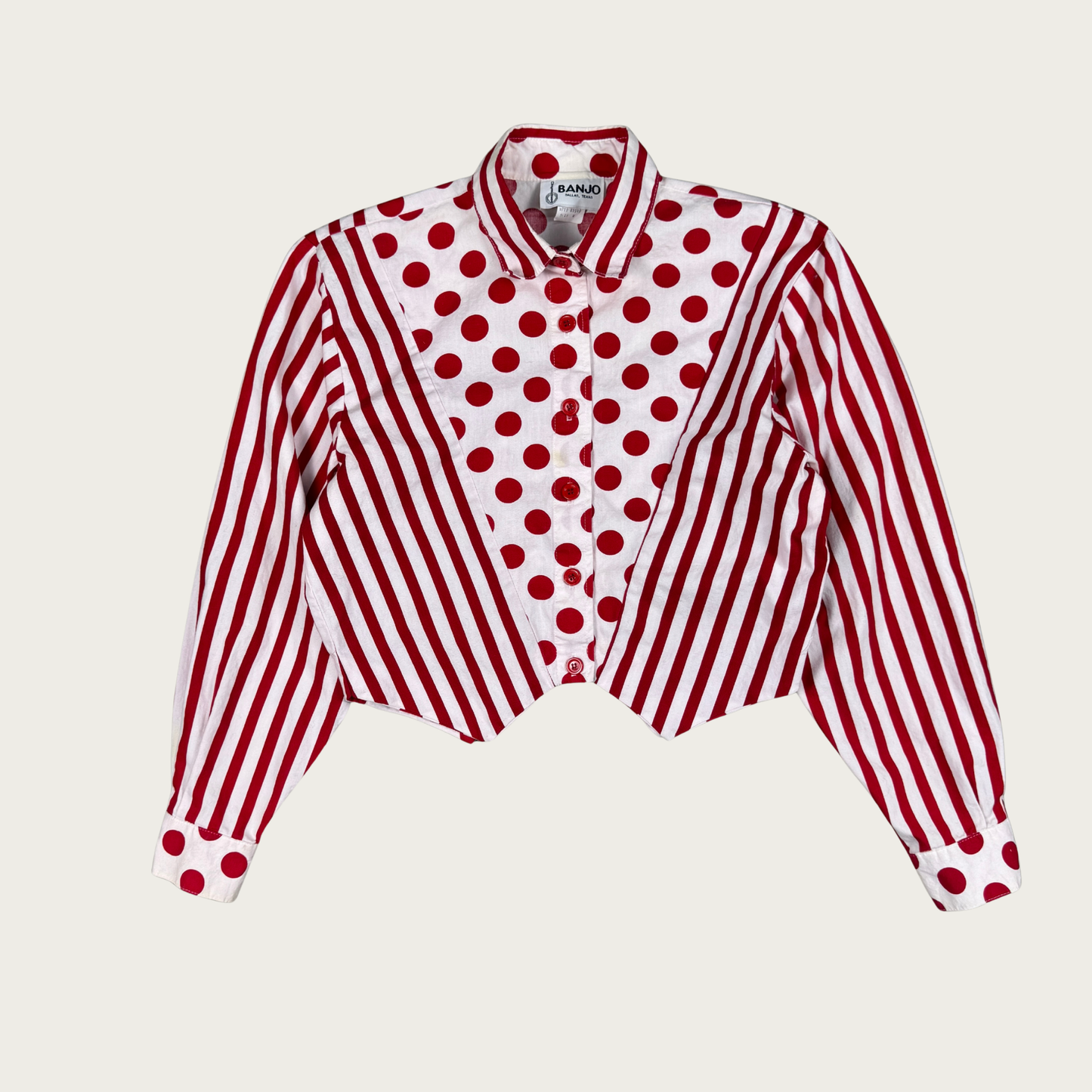 (M) 80s Red/White Polka Dot Striped Cropped Shirt
