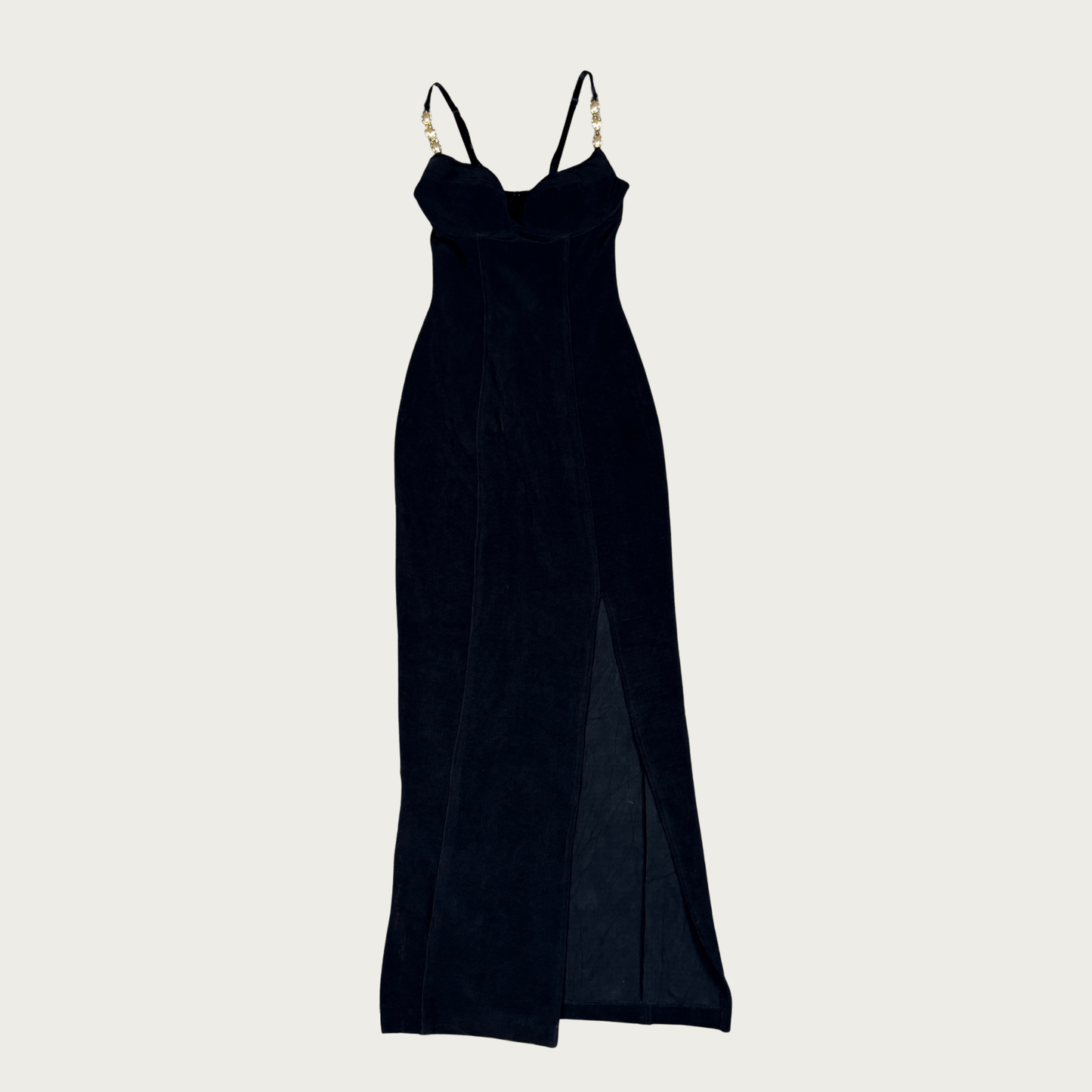 (XS/S) 70s/80s Black Gemstone Strap Evening Gown