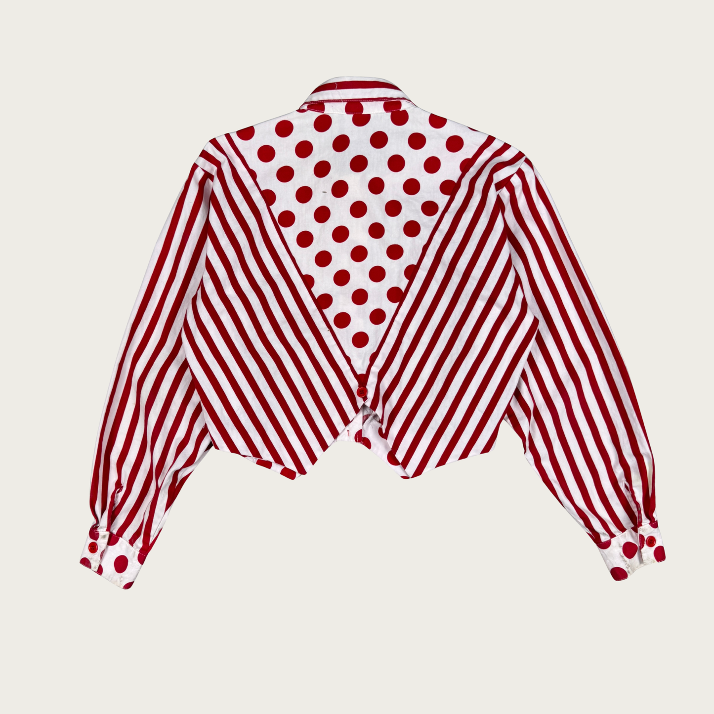 (M) 80s Red/White Polka Dot Striped Cropped Shirt