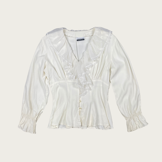 (M) 90s/Y2K White Ruffle Lace Trim Blouse
