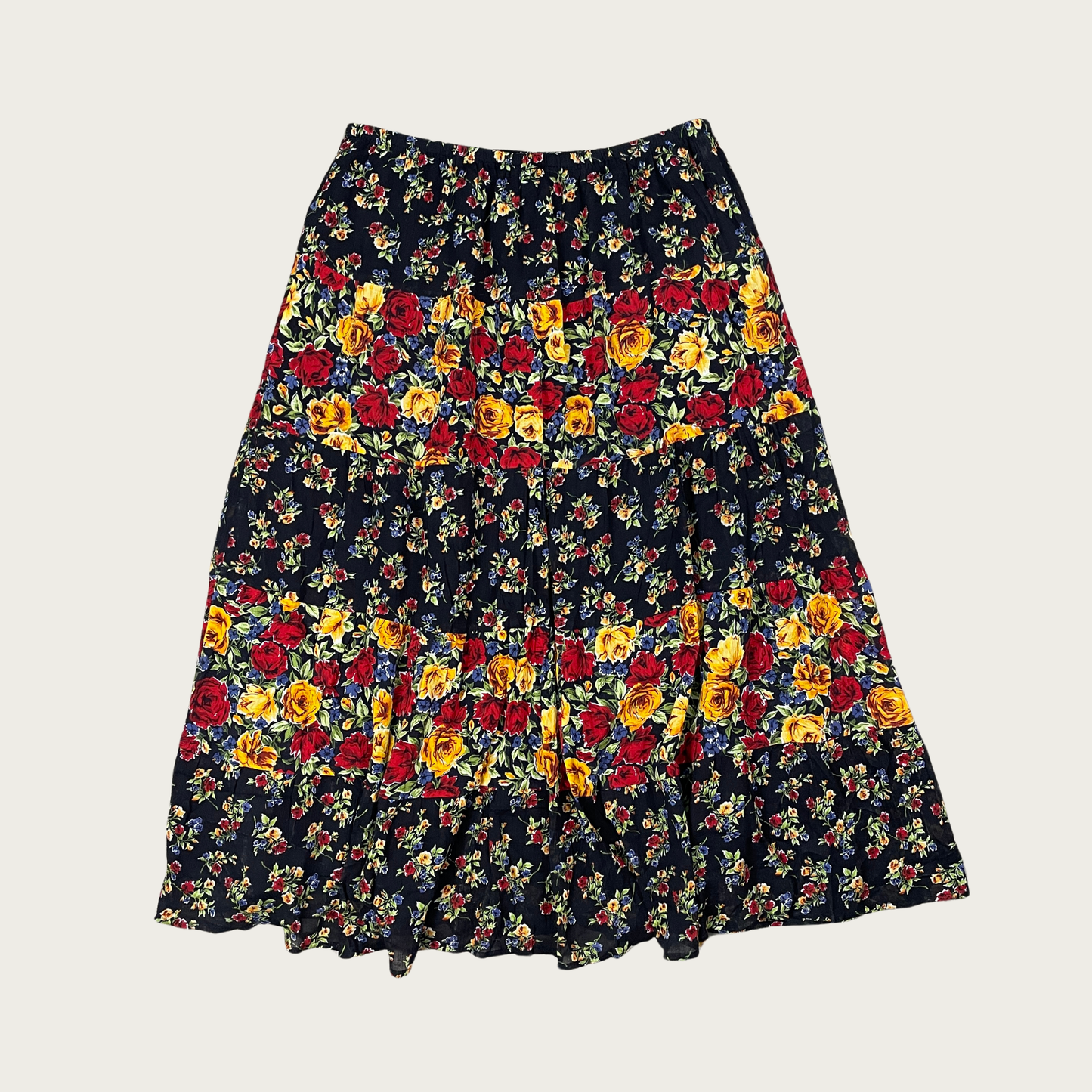 (L) Multicolor Floral Tiered Cotton Maxi Skirt