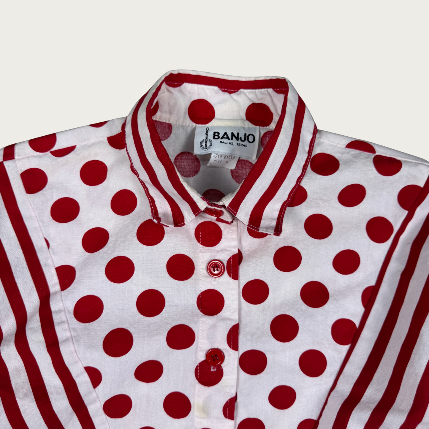 (M) 80s Red/White Polka Dot Striped Cropped Shirt