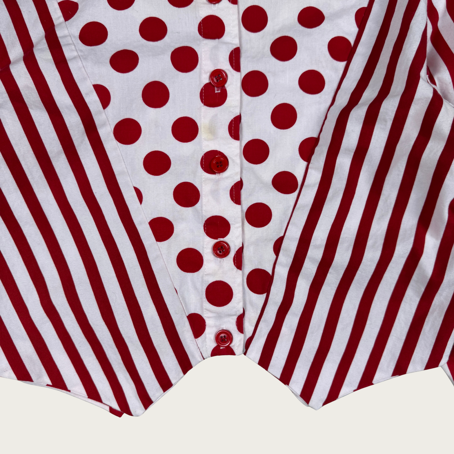 (M) 80s Red/White Polka Dot Striped Cropped Shirt