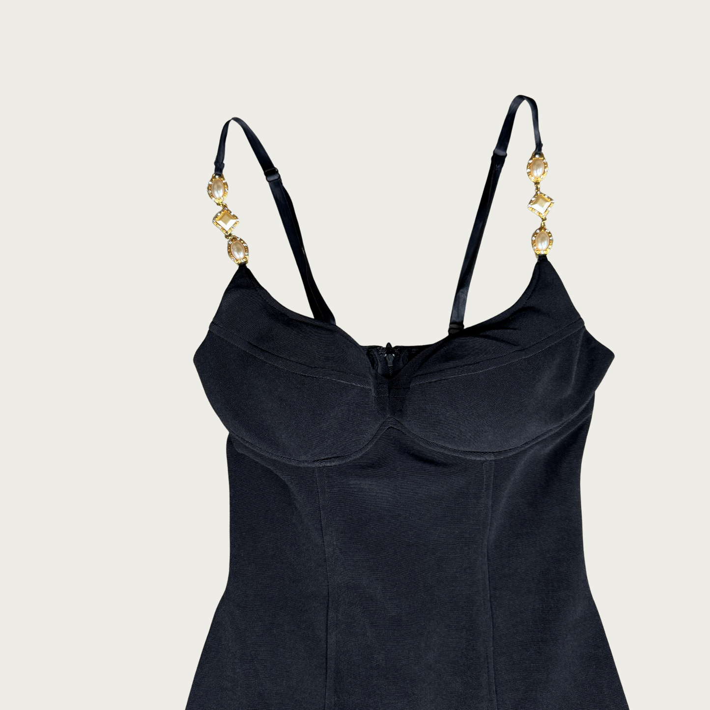 (XS/S) 70s/80s Black Gemstone Strap Evening Gown