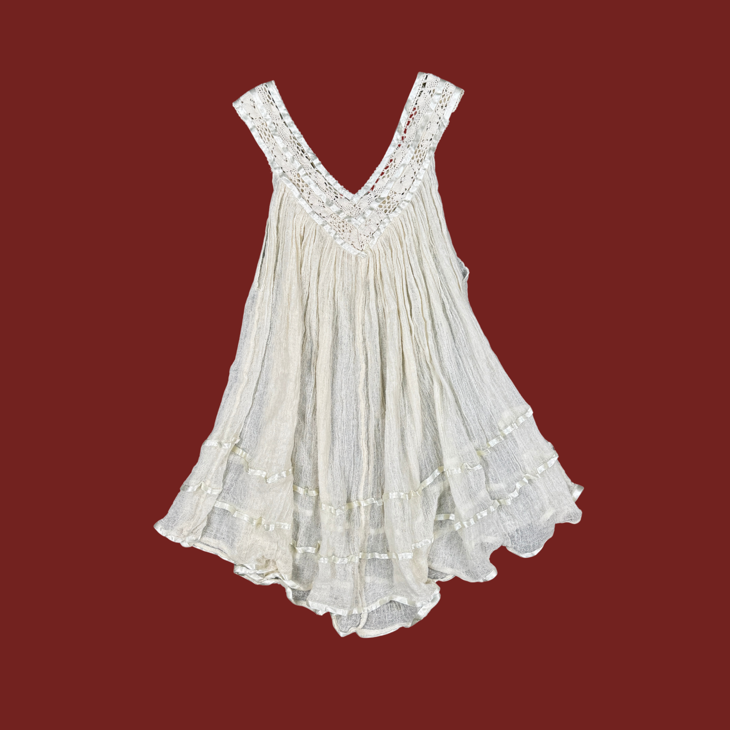(S/M) Cream Gauze Ribbon Trim Mini Dress/Tunic