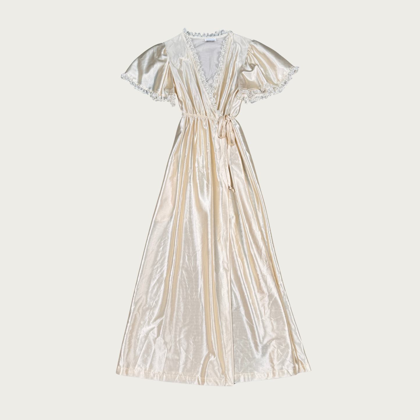 (XS/S) 80s Champagne Satin/Lace Wrap Maxi Slip Dress