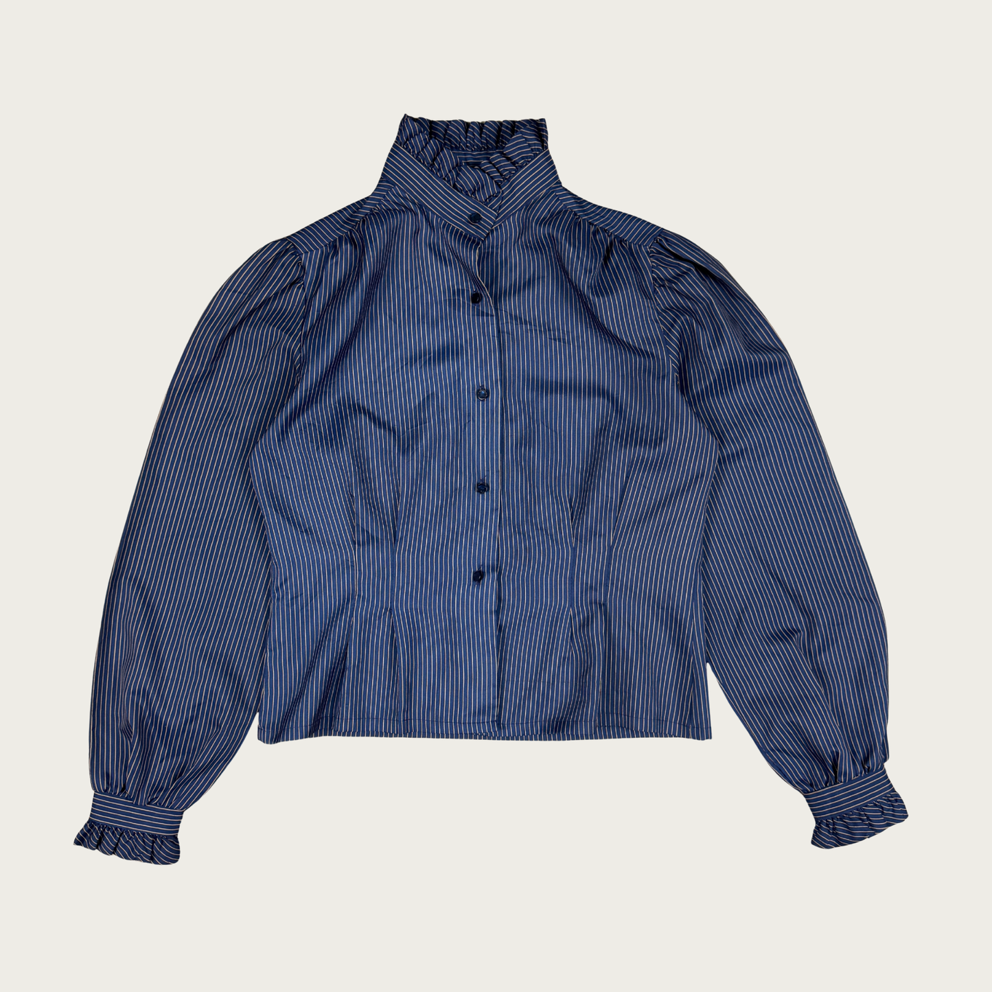 (M/L) Y2K Navy/Beige Striped Ruffle Blouse