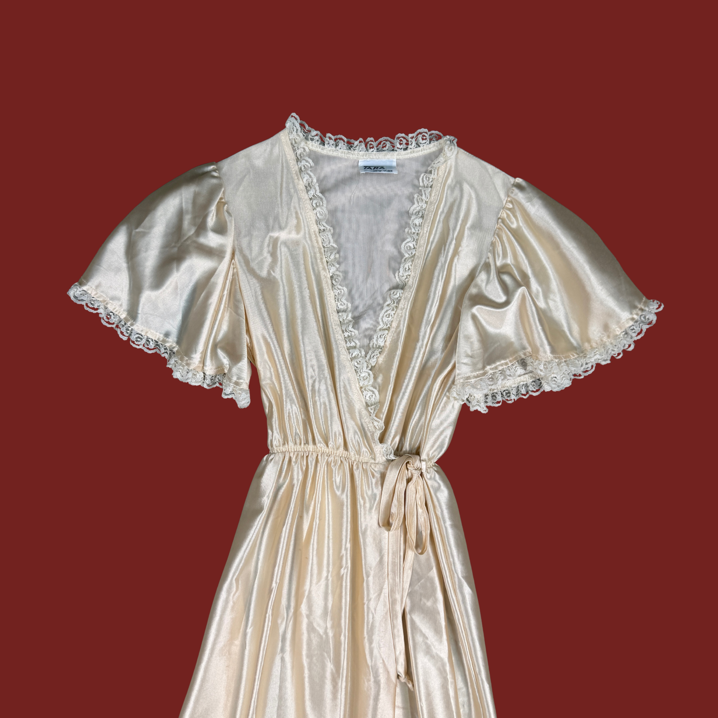 (XS/S) 80s Champagne Satin/Lace Wrap Maxi Slip Dress
