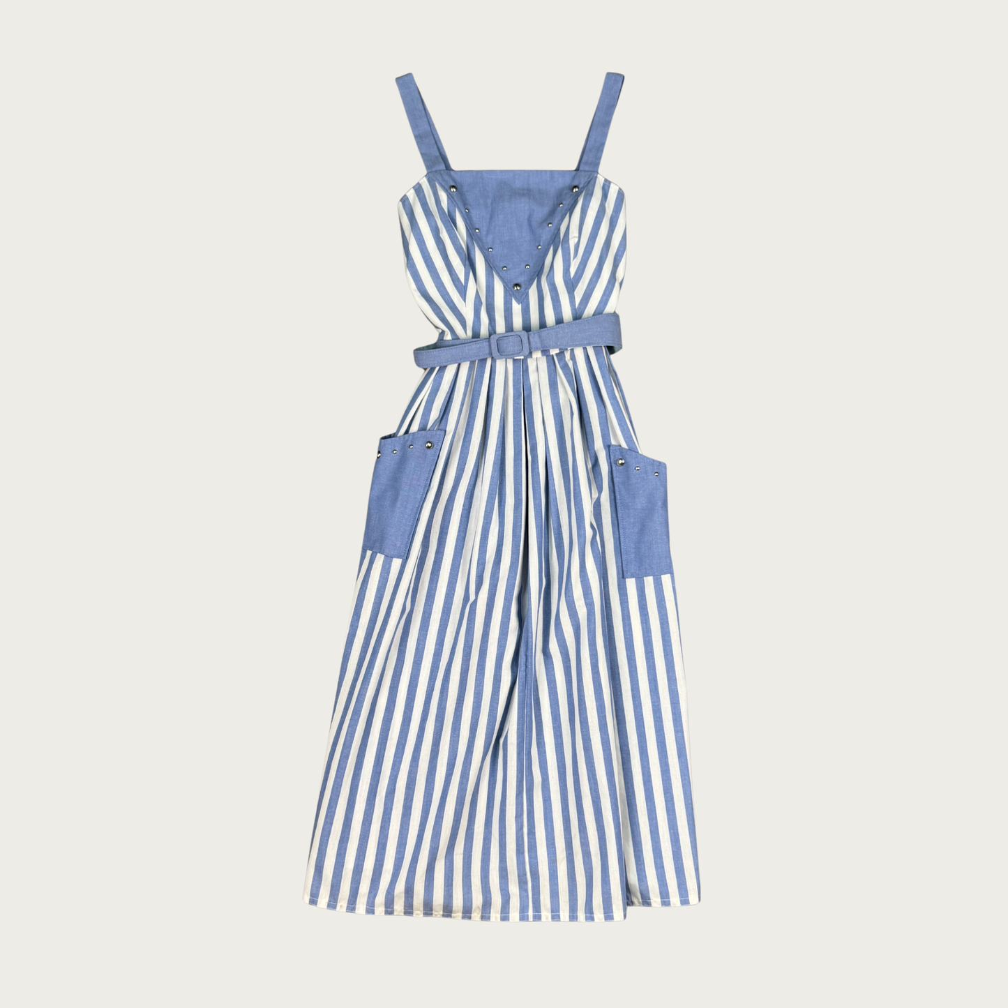 (S) 80s Blue/White Pinstripe Studded Midi Dress