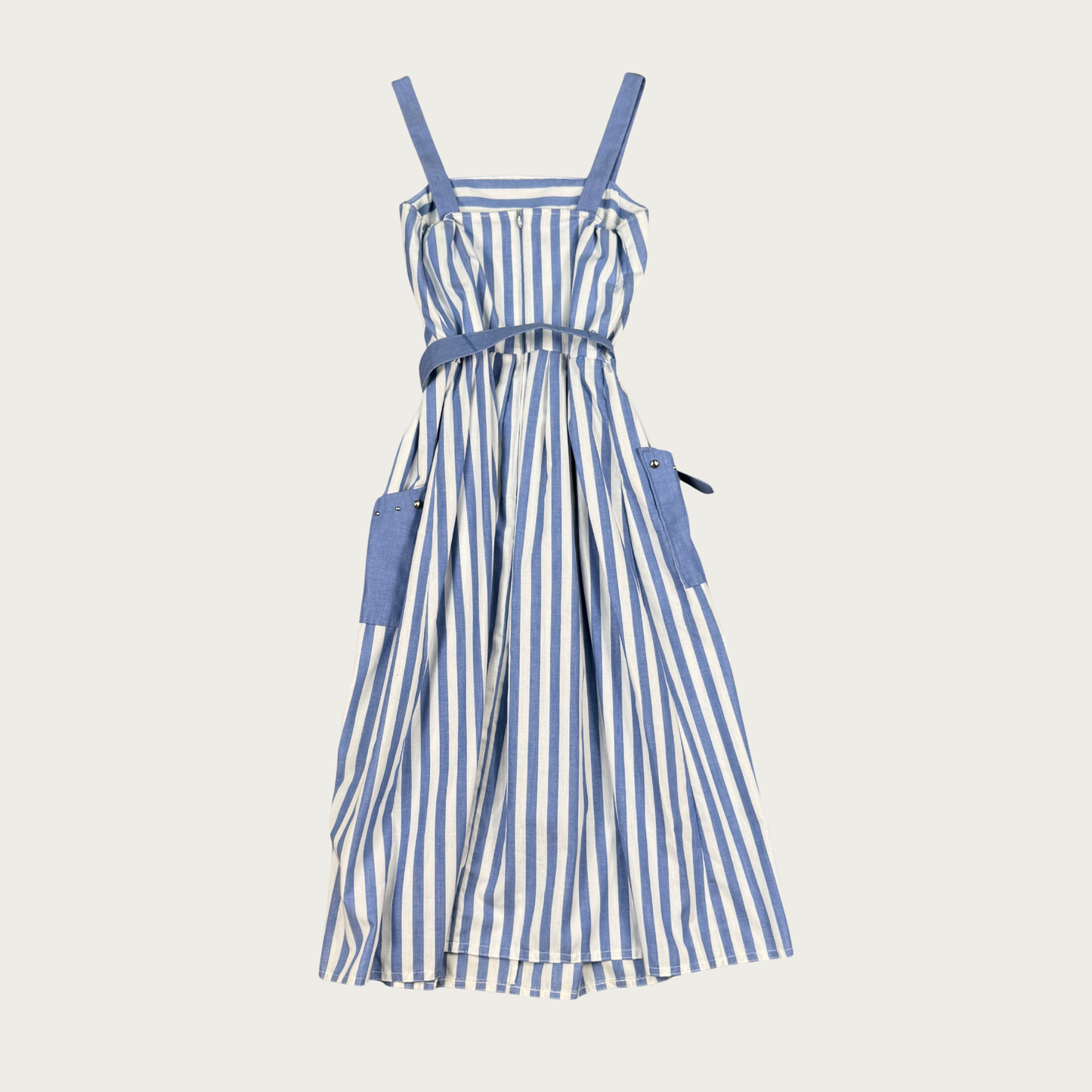 (S) 80s Blue/White Pinstripe Studded Midi Dress