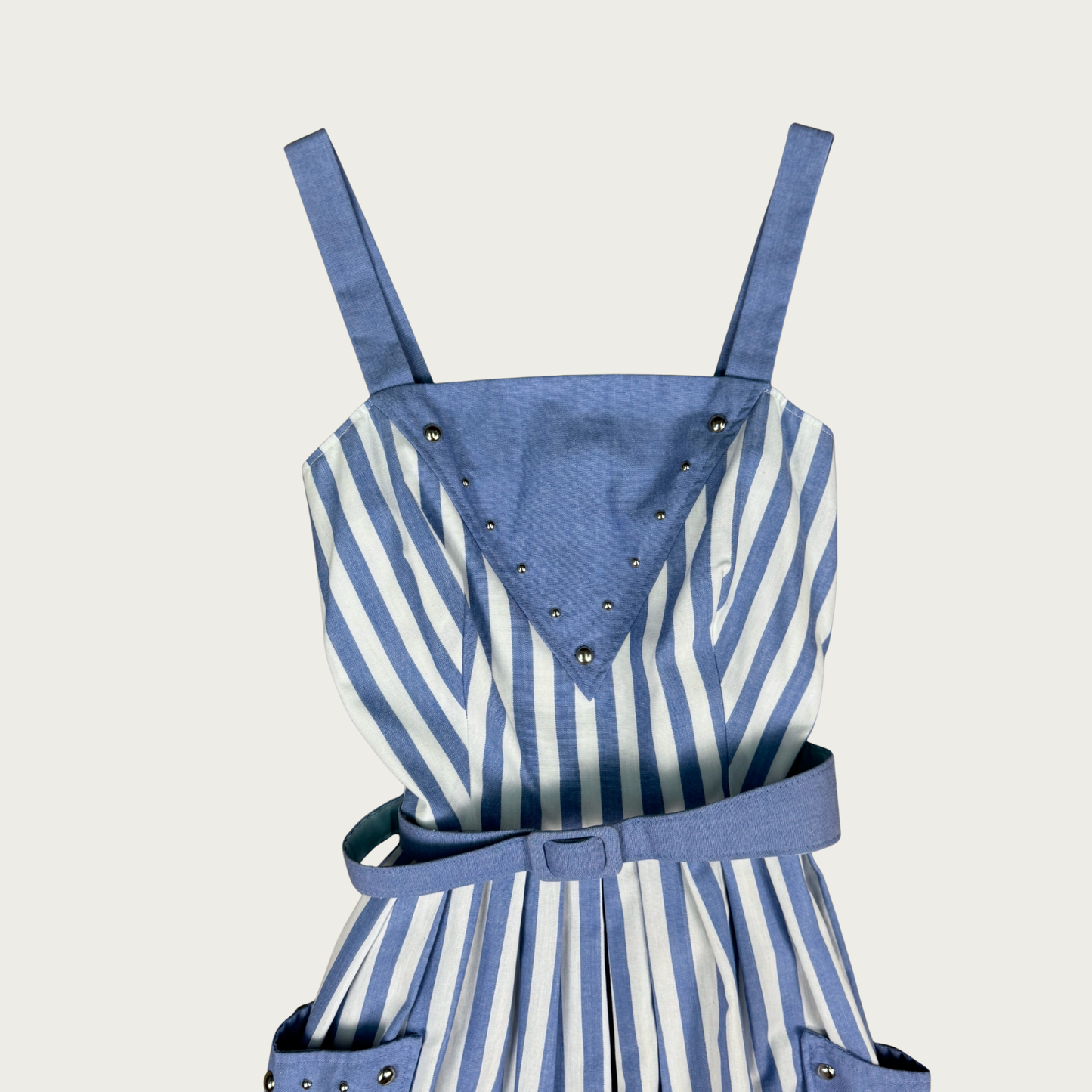 (S) 80s Blue/White Pinstripe Studded Midi Dress