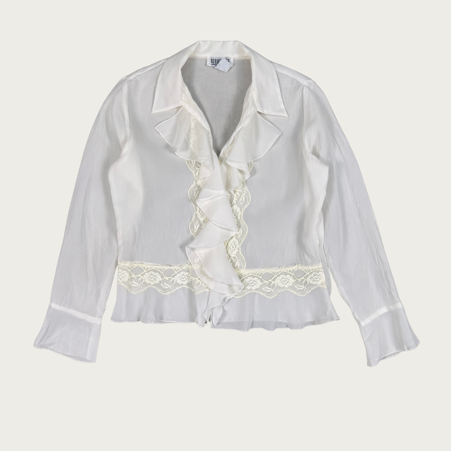 (M/L) 90s/Y2K White Lace Trim Ruffle Blouse
