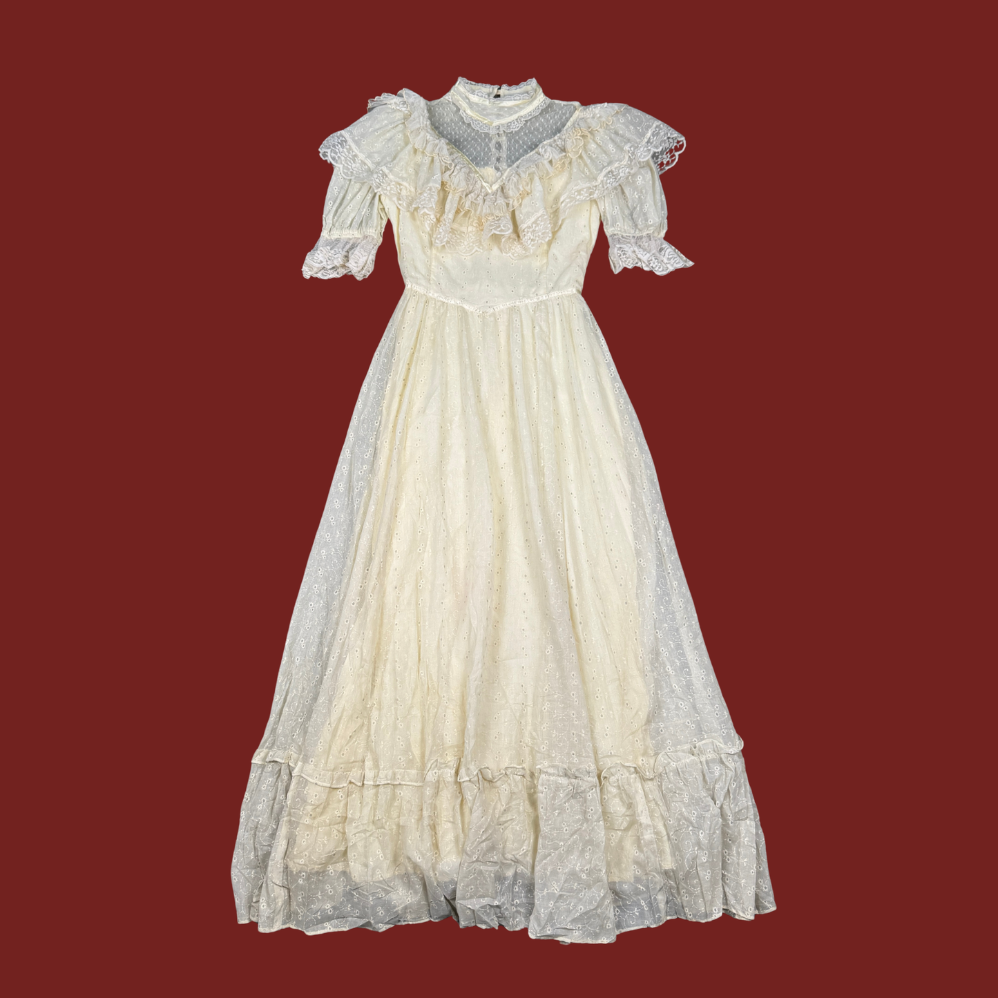 (M) 70s/80s Gunne Sax Ivory Eyelet Prairie Maxi Dress