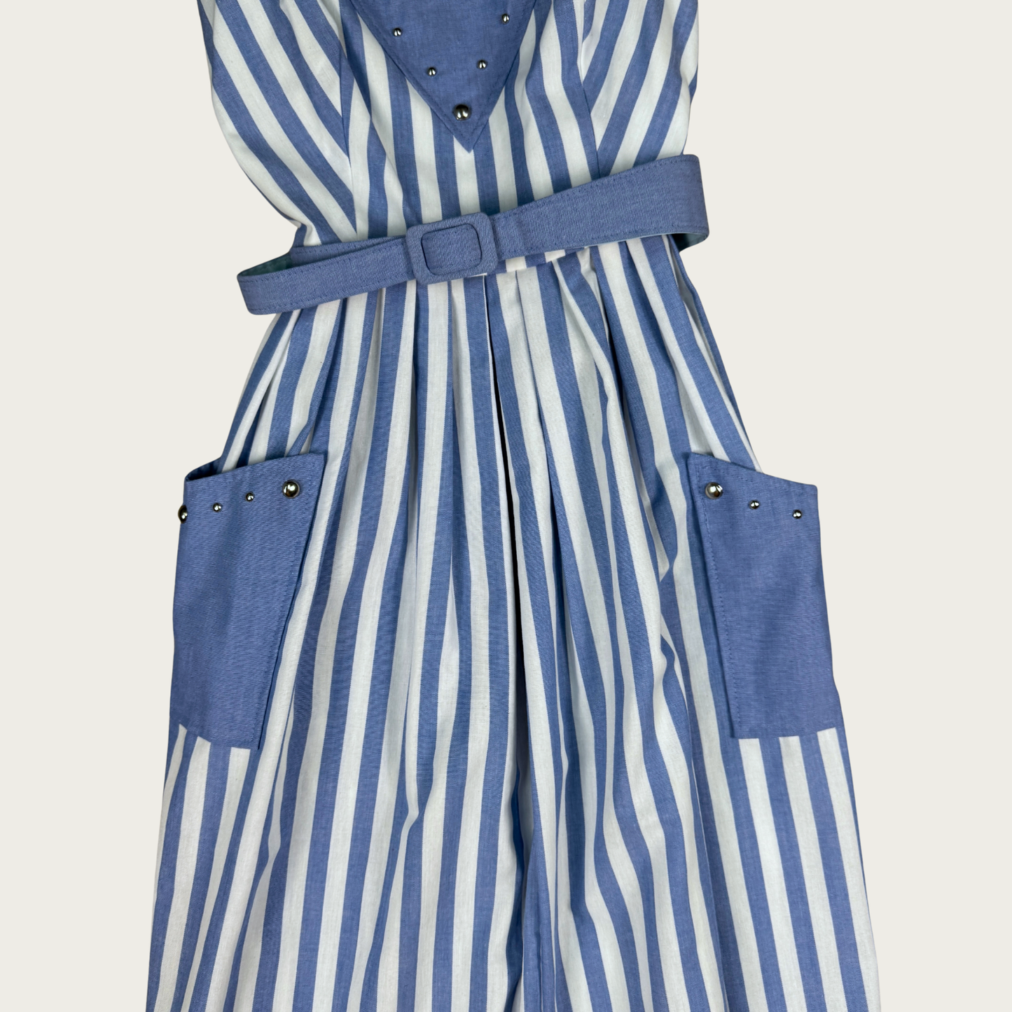 (S) 80s Blue/White Pinstripe Studded Midi Dress