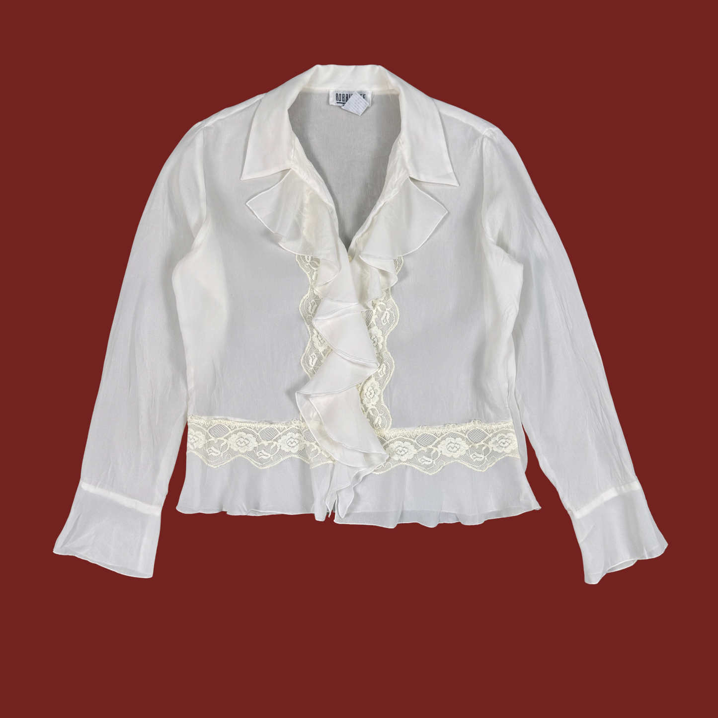 (M/L) 90s/Y2K White Lace Trim Ruffle Blouse