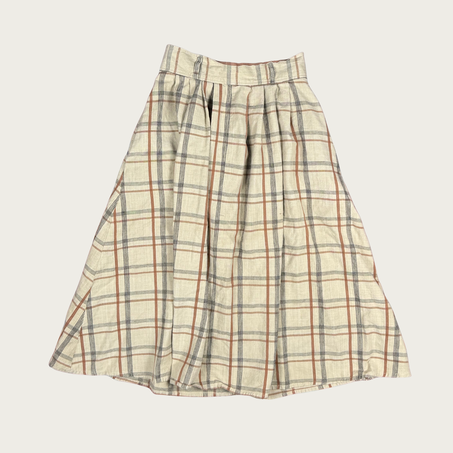 (28") Beige Plaid Button Up Midi Skirt