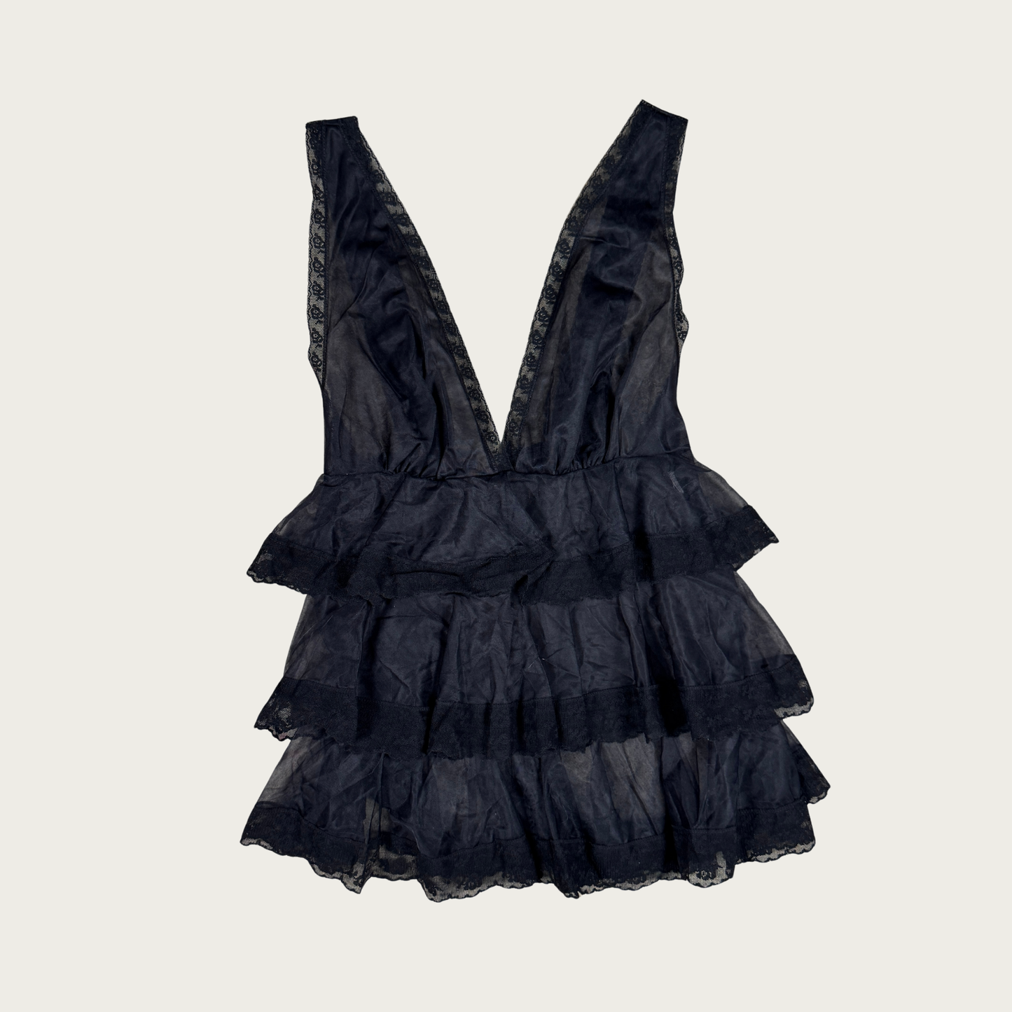 (S) 70s/80s Sheer Mesh Black Ruffle Babydoll Slip