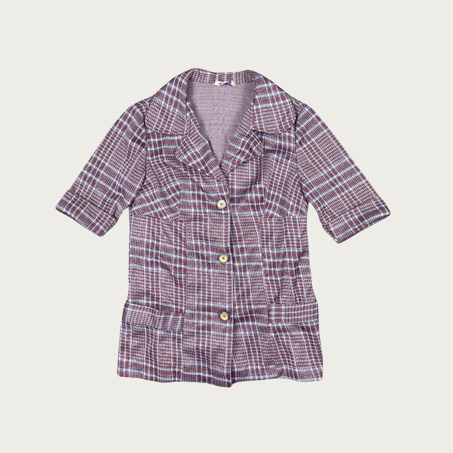 (S) 70s Plaid Button Up Collared Top
