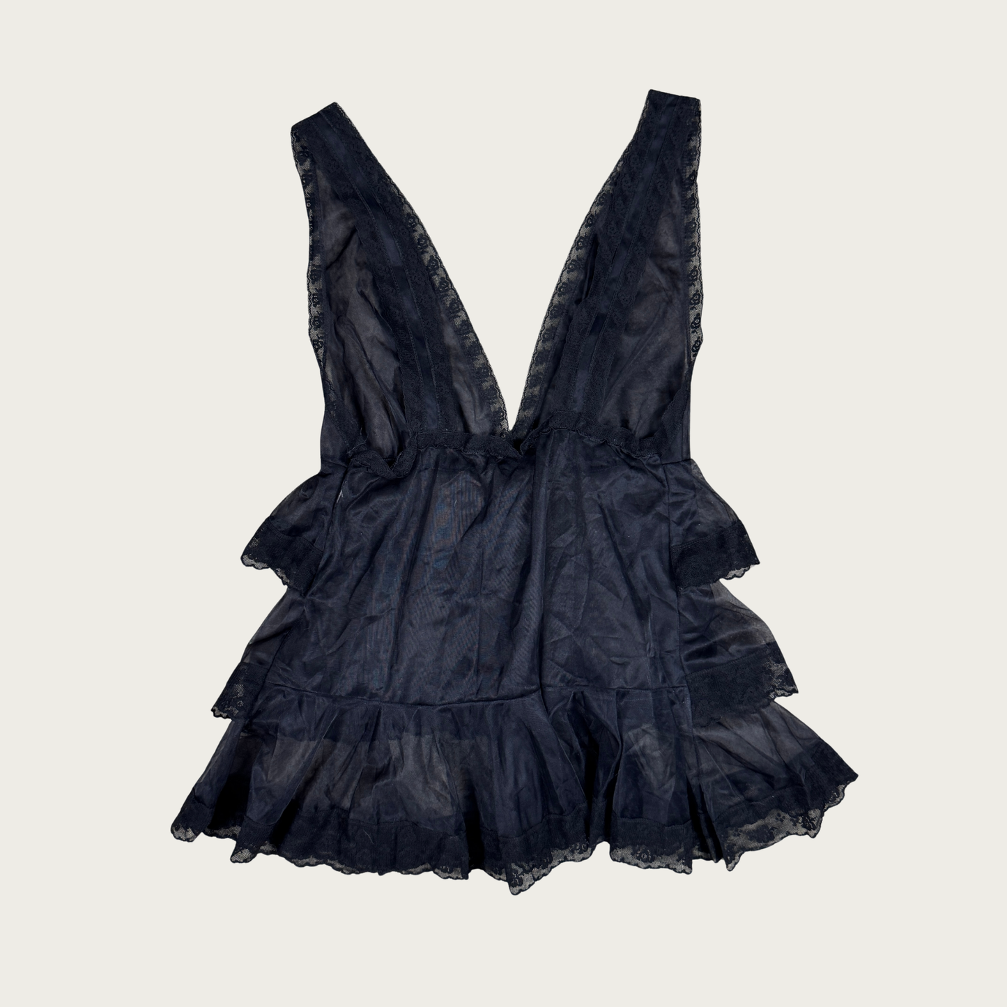 (S) 70s/80s Sheer Mesh Black Ruffle Babydoll Slip
