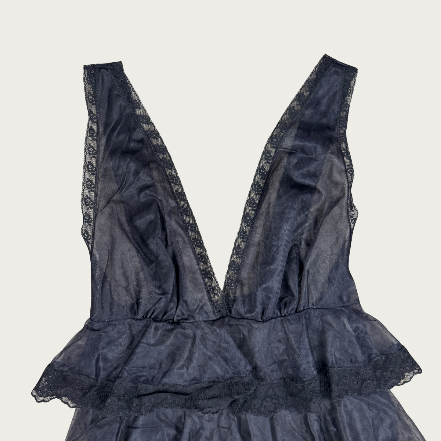 (S) 70s/80s Sheer Mesh Black Ruffle Babydoll Slip
