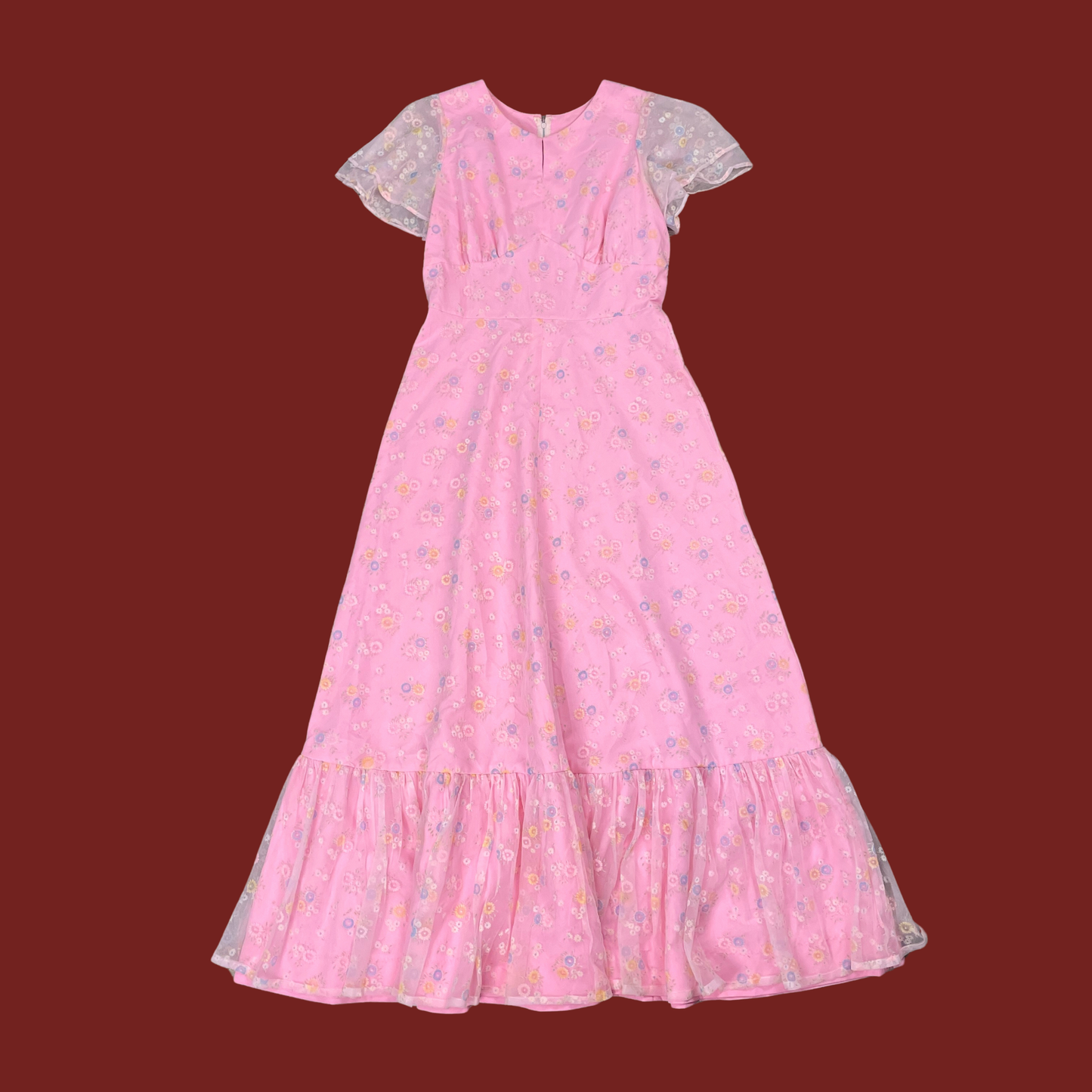 (M) 60s/70s Pink Floral Flutter Sleeve Maxi Dress