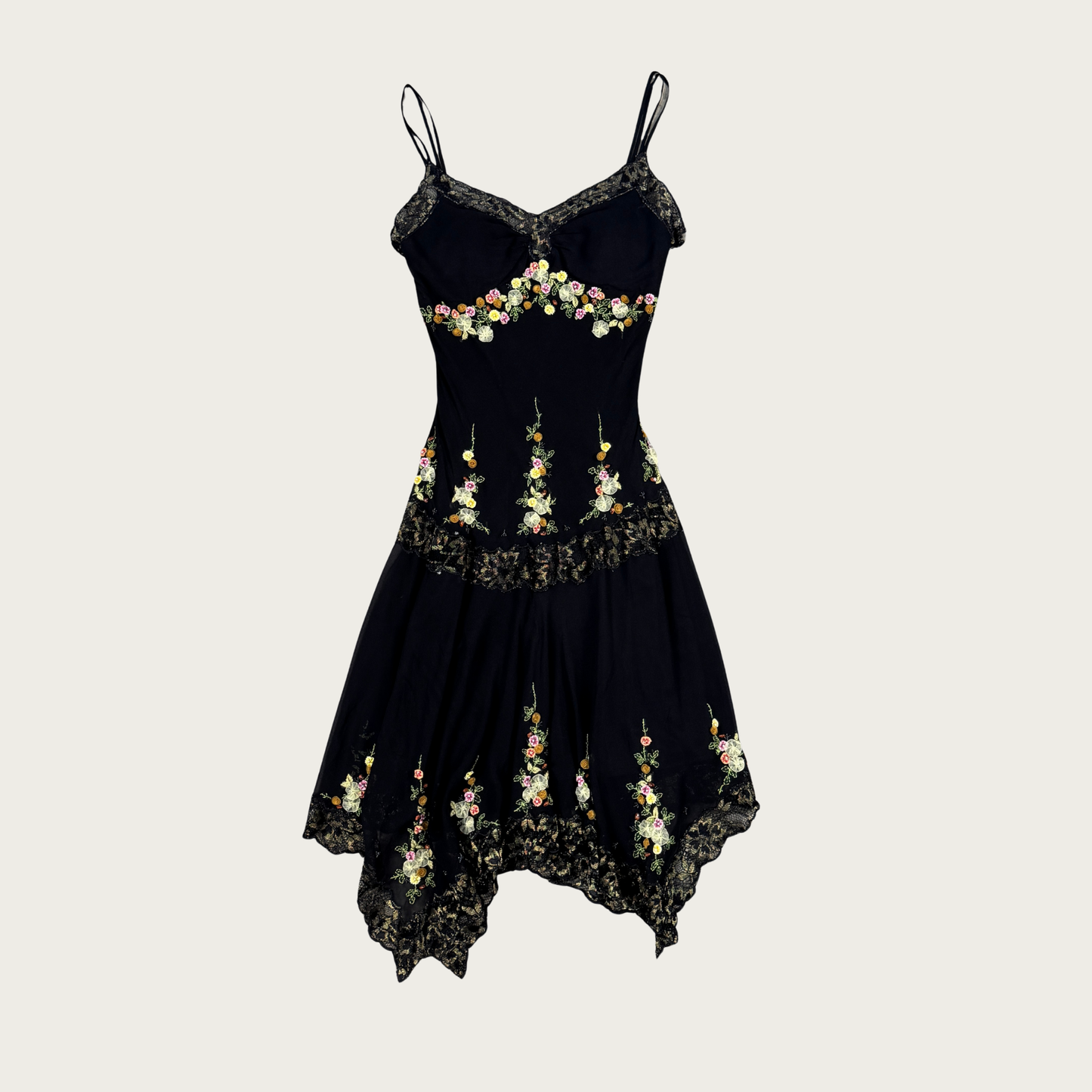 (S/M) 90s/Y2K Sue Wong Beaded Floral Applique Silk Midi Dress