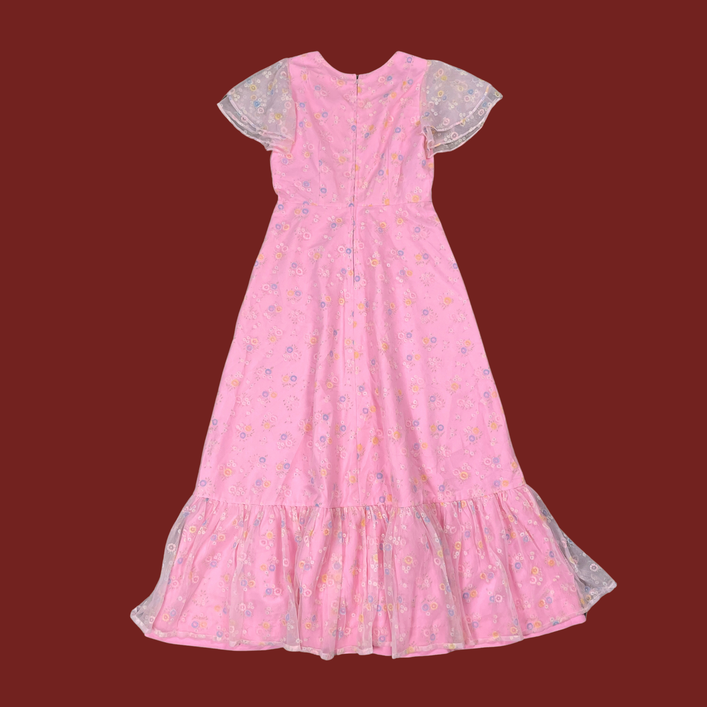 (M) 60s/70s Pink Floral Flutter Sleeve Maxi Dress