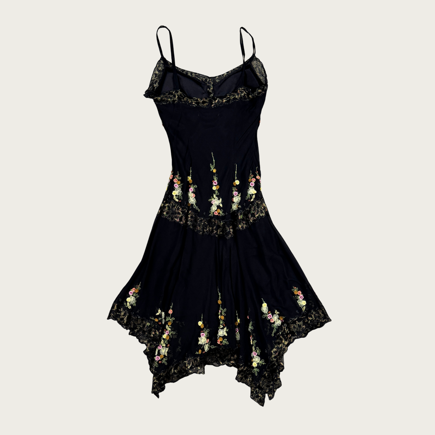 (S/M) 90s/Y2K Sue Wong Beaded Floral Applique Silk Midi Dress