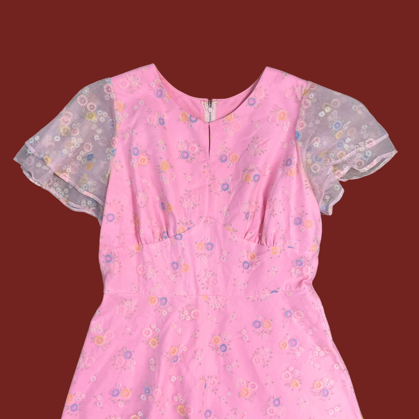 (M) 60s/70s Pink Floral Flutter Sleeve Maxi Dress