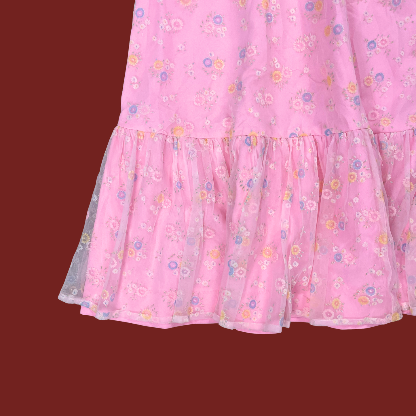 (M) 60s/70s Pink Floral Flutter Sleeve Maxi Dress
