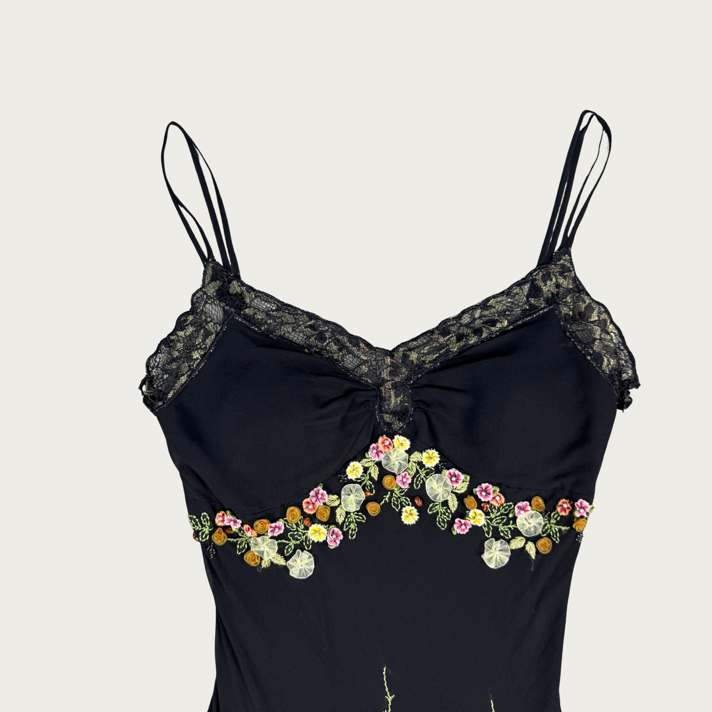 (S/M) 90s/Y2K Sue Wong Beaded Floral Applique Silk Midi Dress