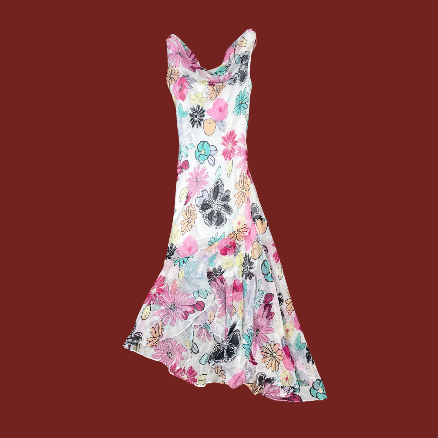 (S/M) Silk Multicolor Floral Maxi Dress