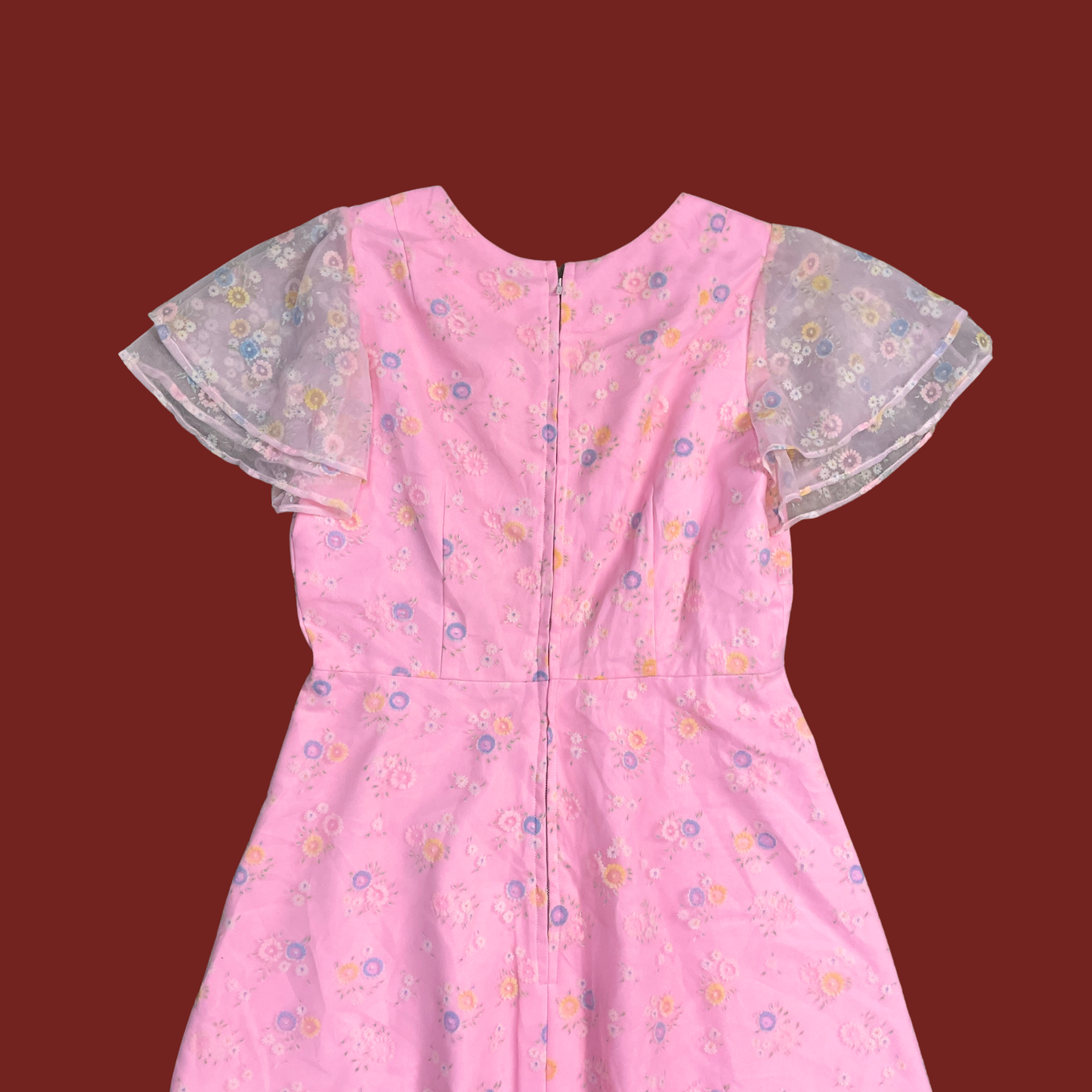(M) 60s/70s Pink Floral Flutter Sleeve Maxi Dress
