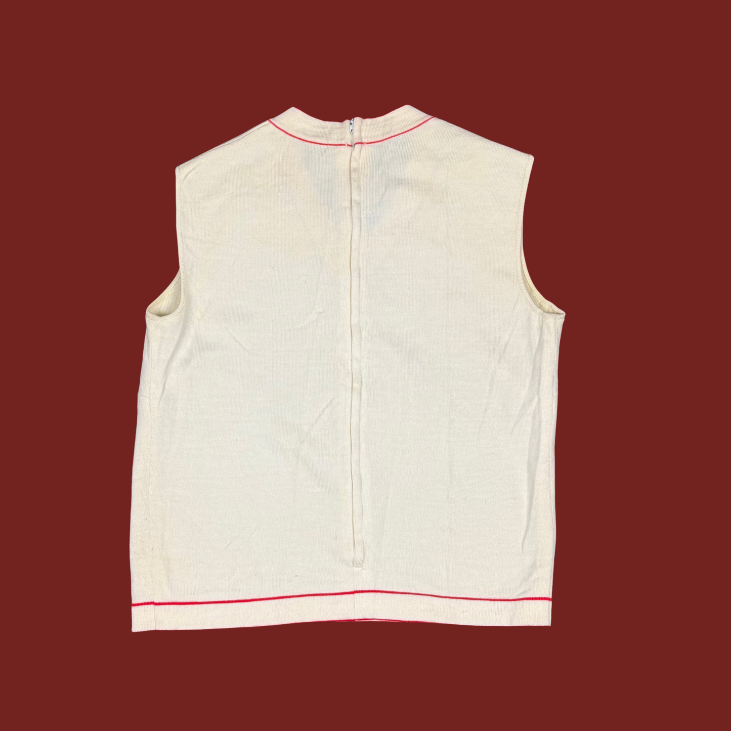 (M) 60s/70s Cream/Red V Neck Knit Top