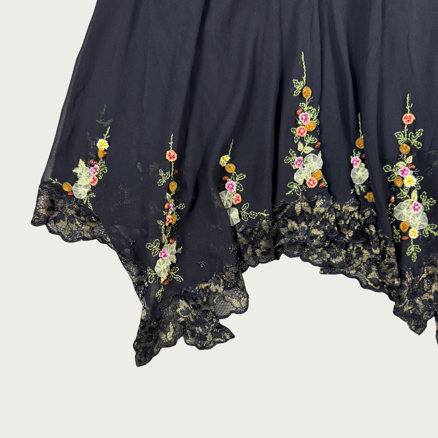 (S/M) 90s/Y2K Sue Wong Beaded Floral Applique Silk Midi Dress