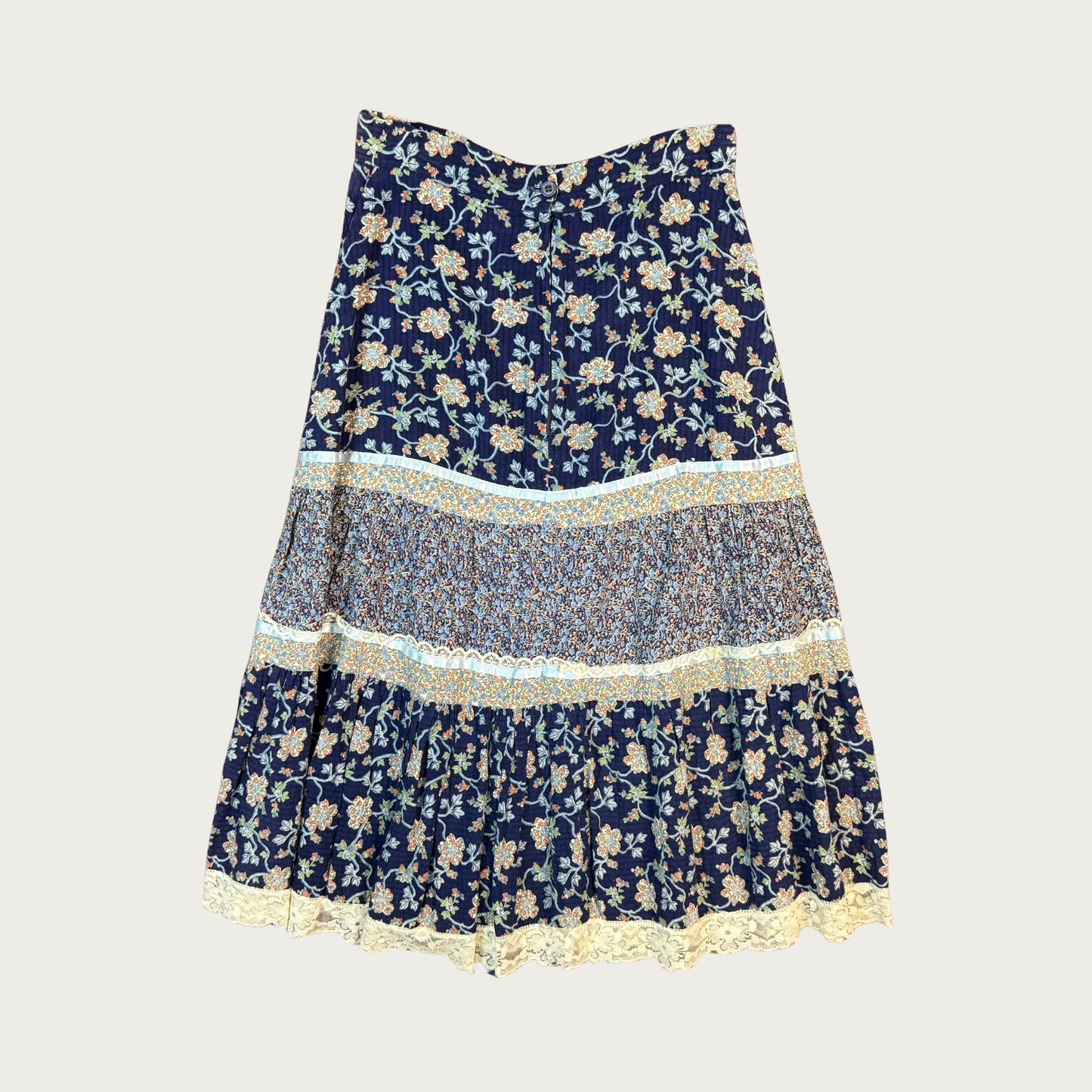 (28") 70s Navy Floral Tiered Midi Skirt