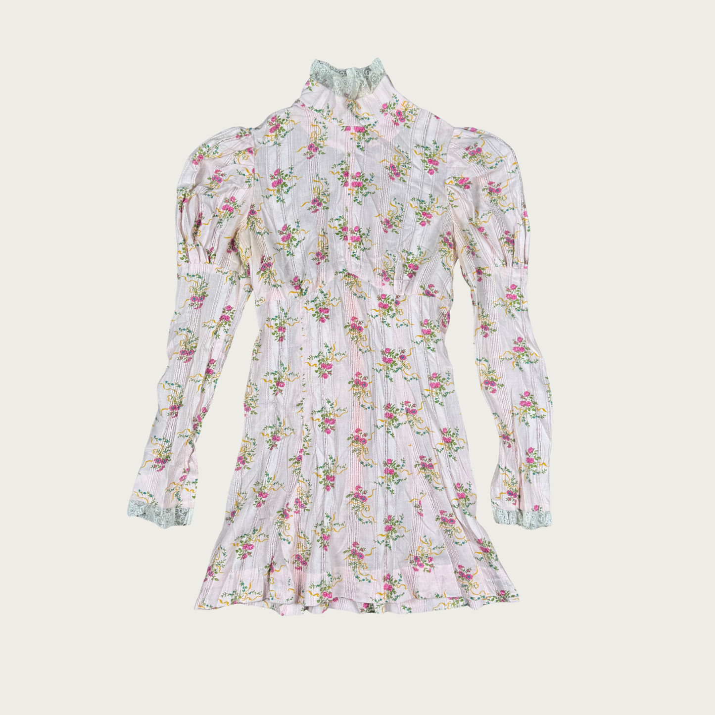 (S) 60s/70s Baby Pink High Neck Floral Mini Dress