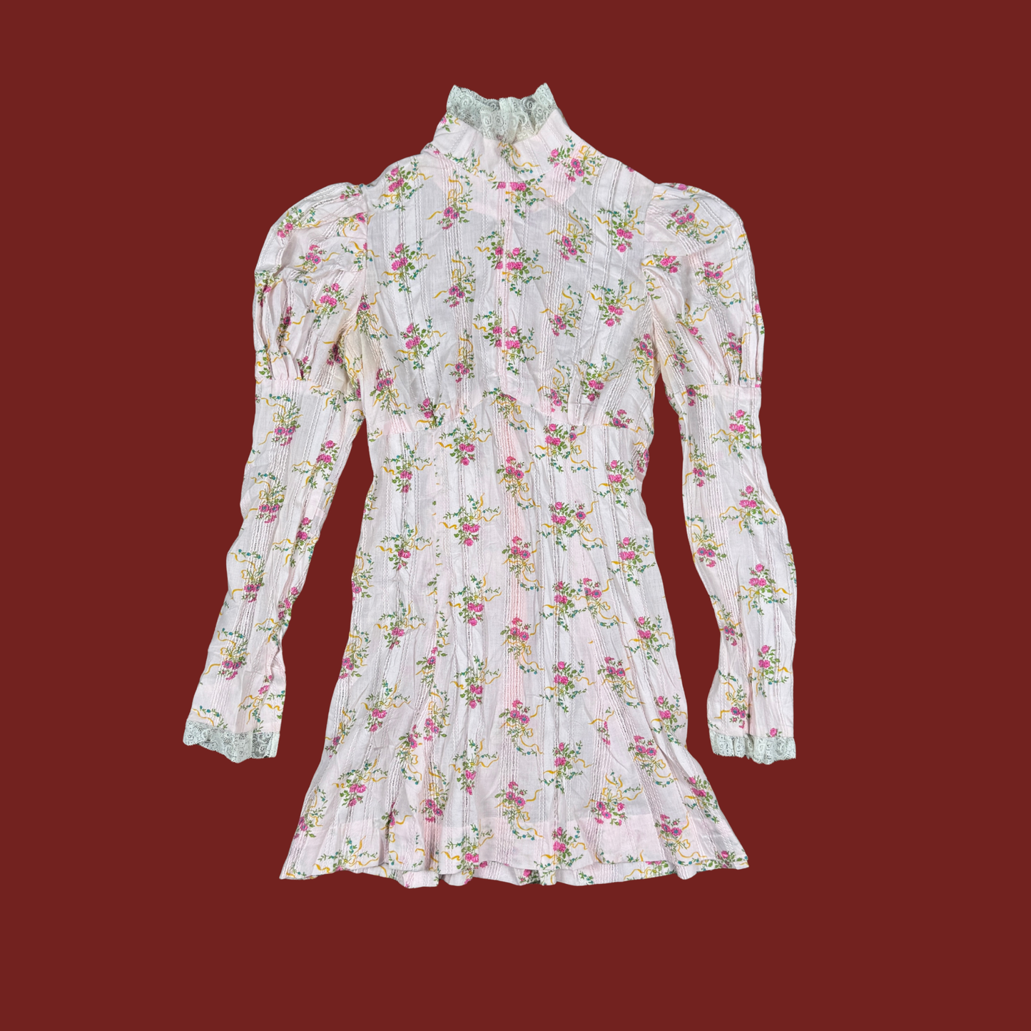 (S) 60s/70s Baby Pink High Neck Floral Mini Dress