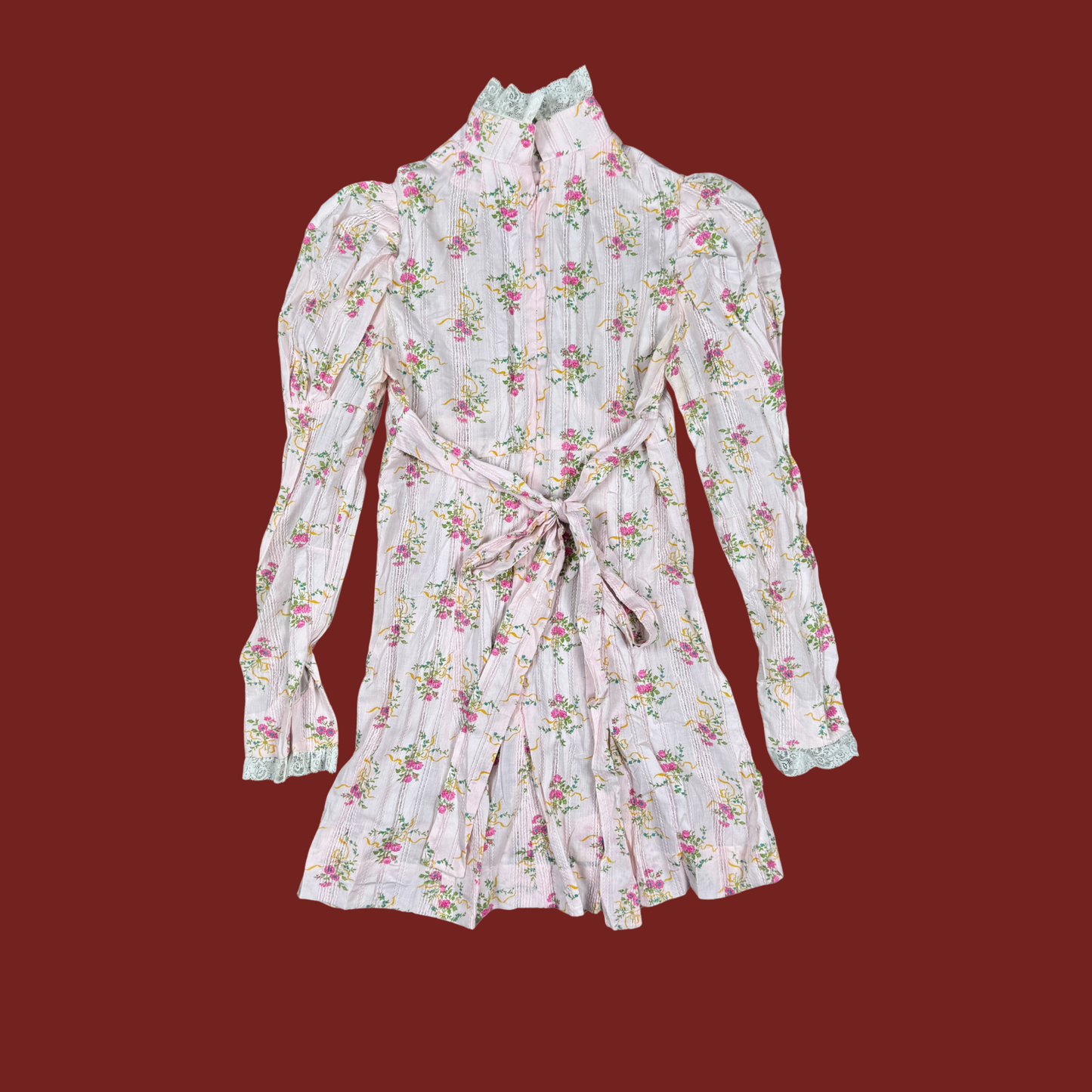 (S) 60s/70s Baby Pink High Neck Floral Mini Dress