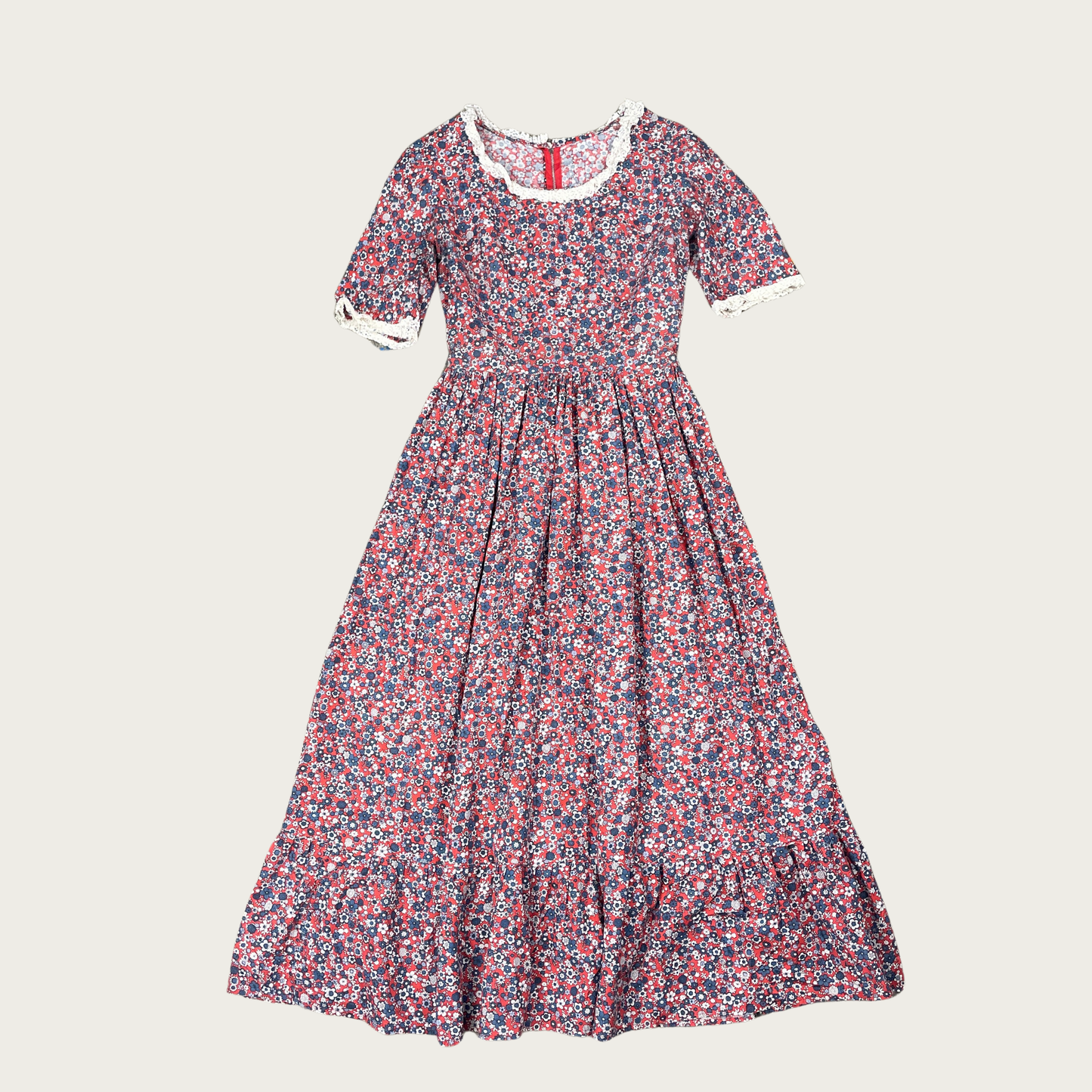 (L) 70s Red and Blue Floral Lace Trim Prairie Dress