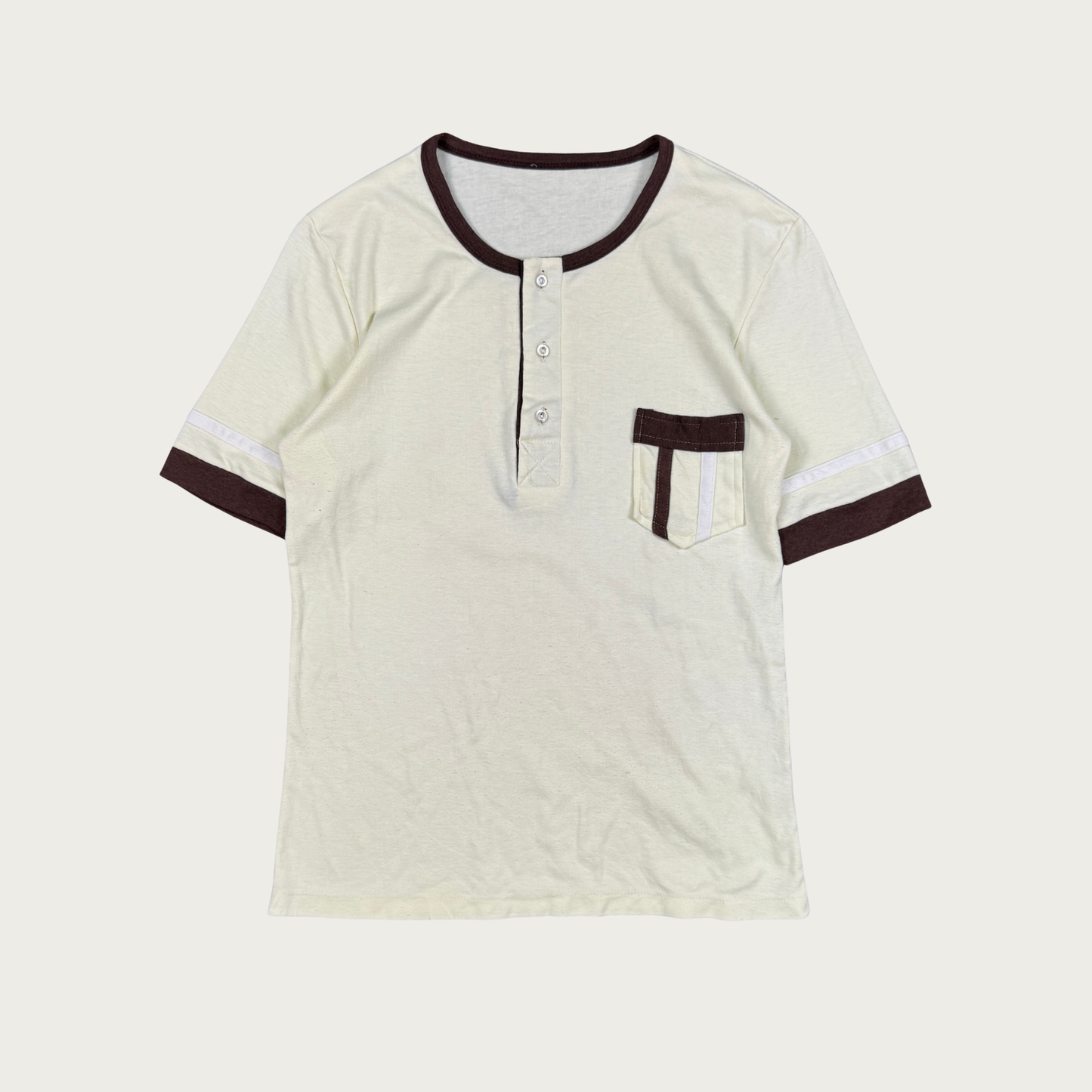 (M) 70s/80s Cream/Brown Henley Tee