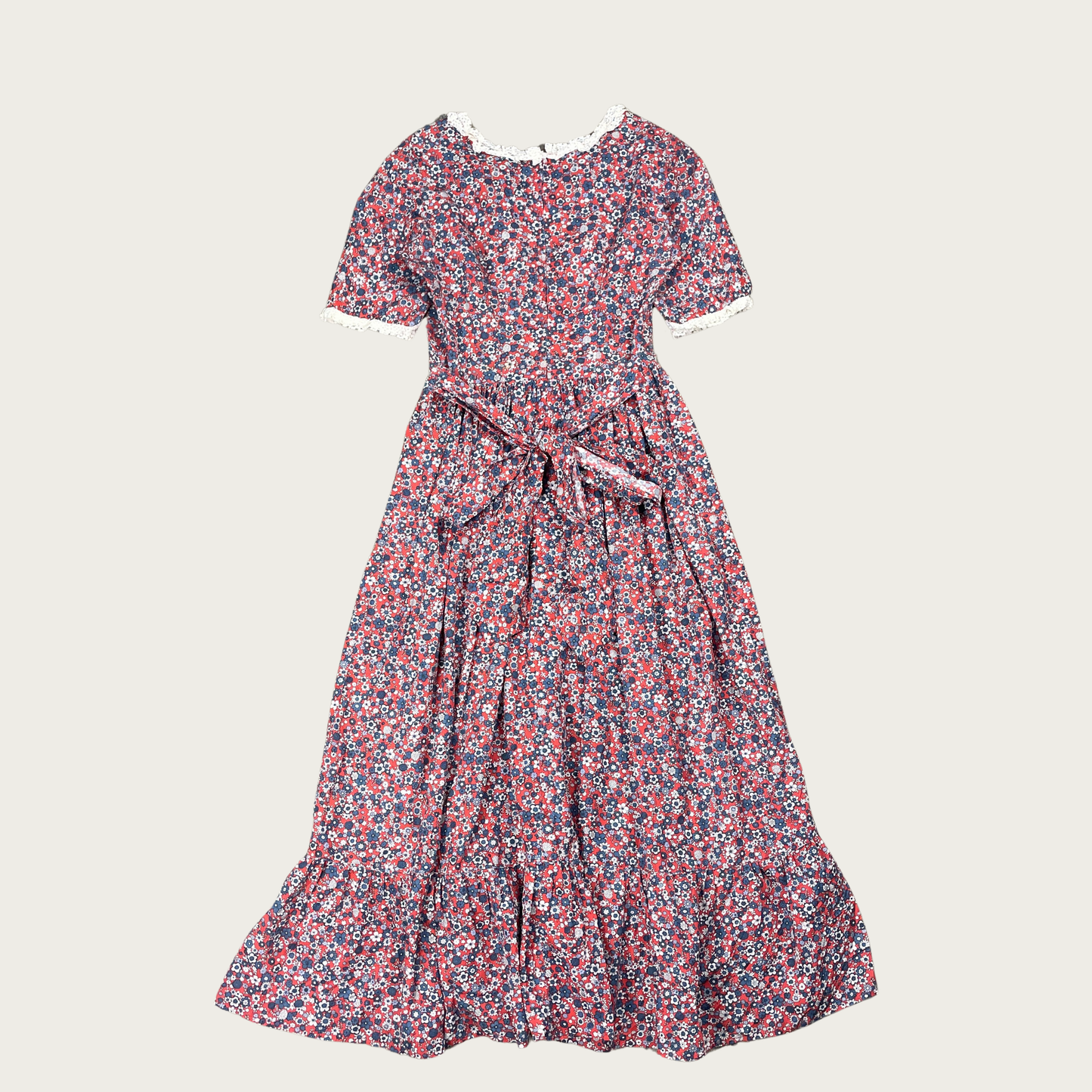 (L) 70s Red and Blue Floral Lace Trim Prairie Dress