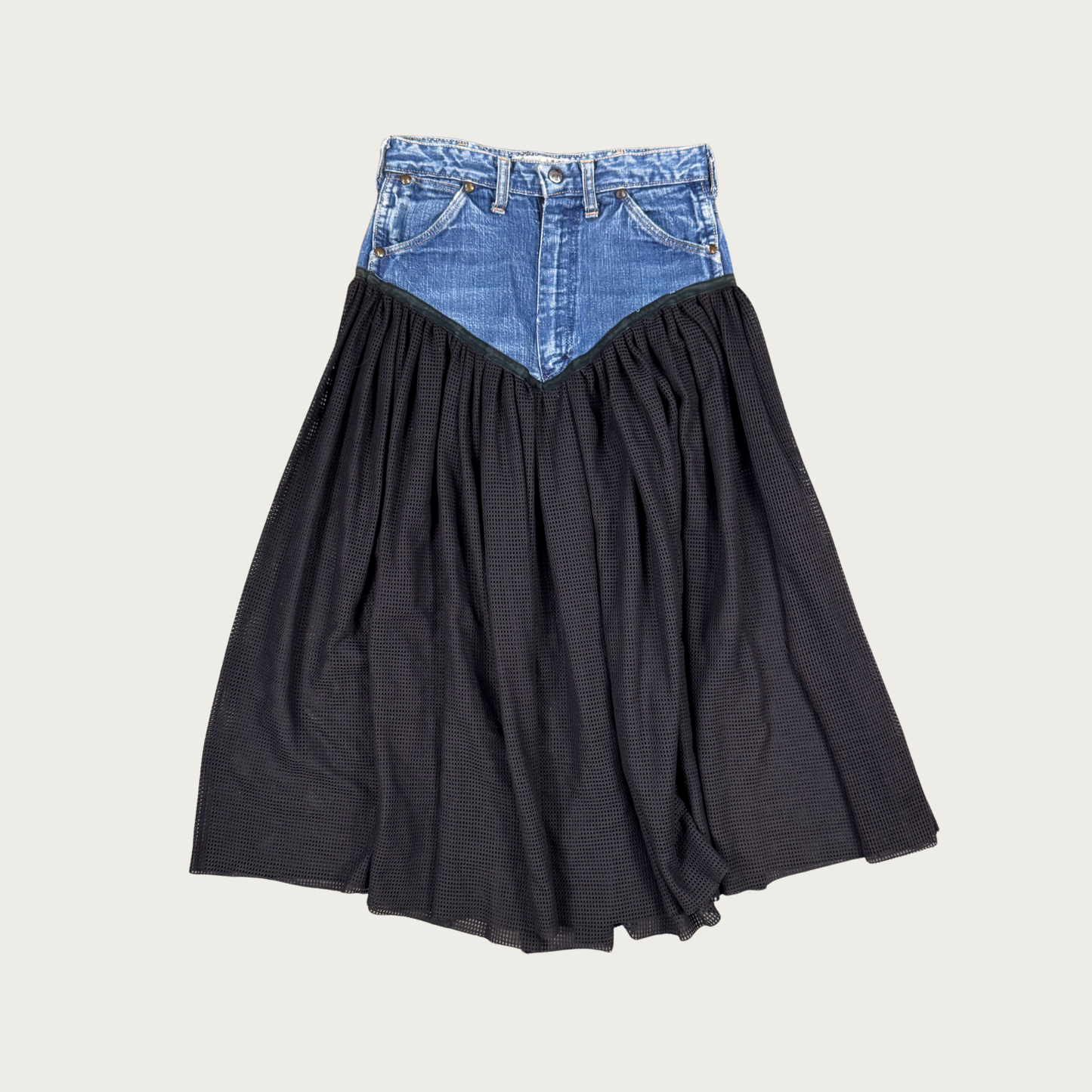 (26") Reworked Vintage Mesh Jersey Denim Skirt