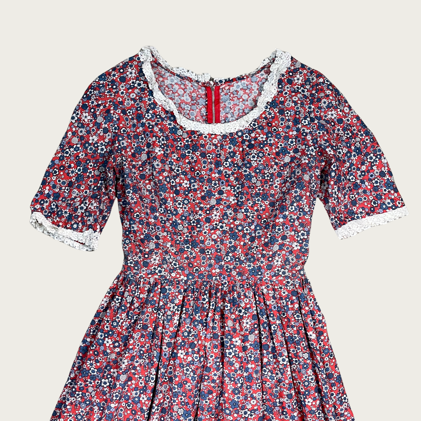 (L) 70s Red and Blue Floral Lace Trim Prairie Dress