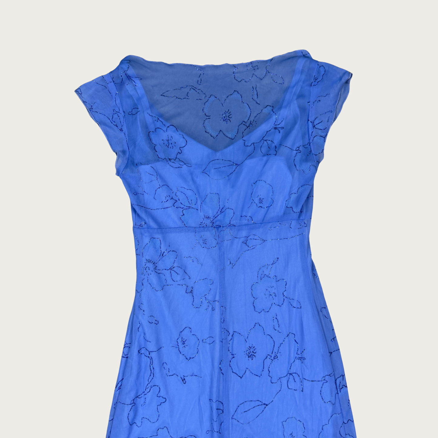 (S) Y2K Blue Glitter Floral Mesh Midi Dress