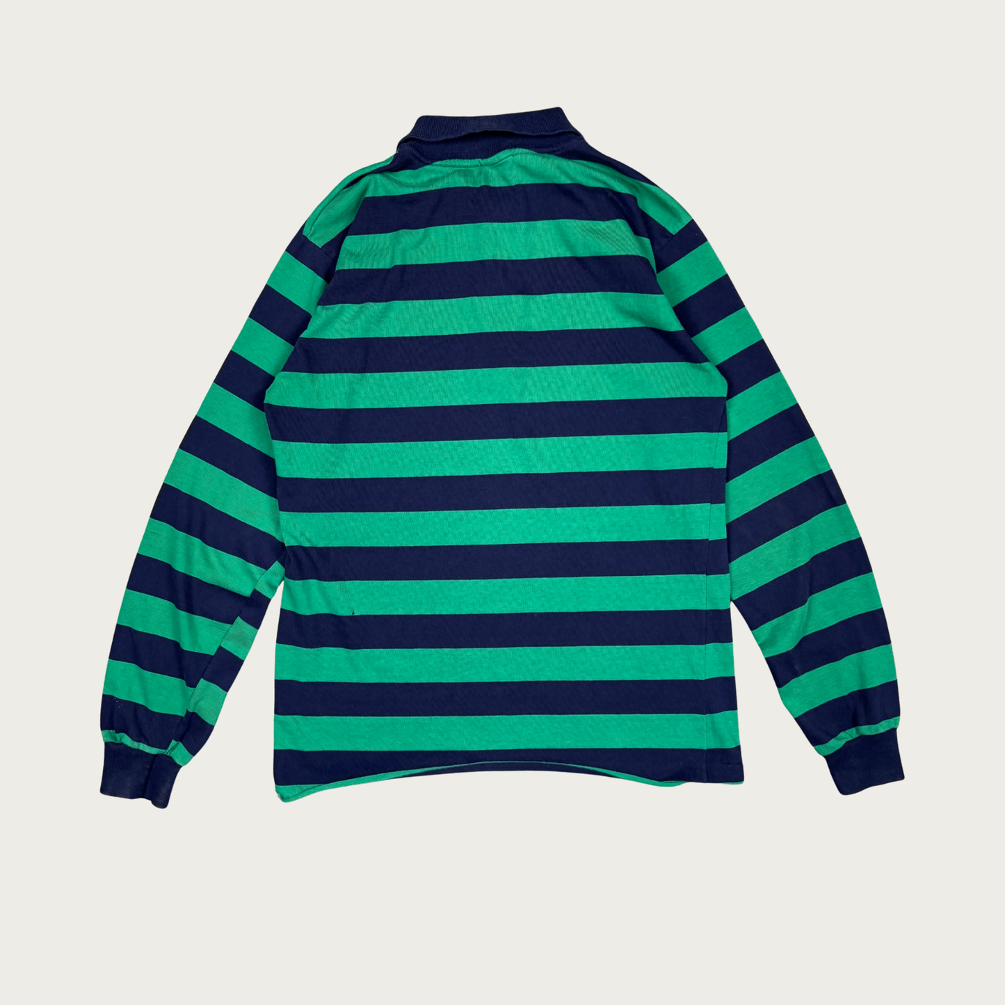 (S) 70s/80s Navy/Green Striped Long Sleeve Polo Shirt