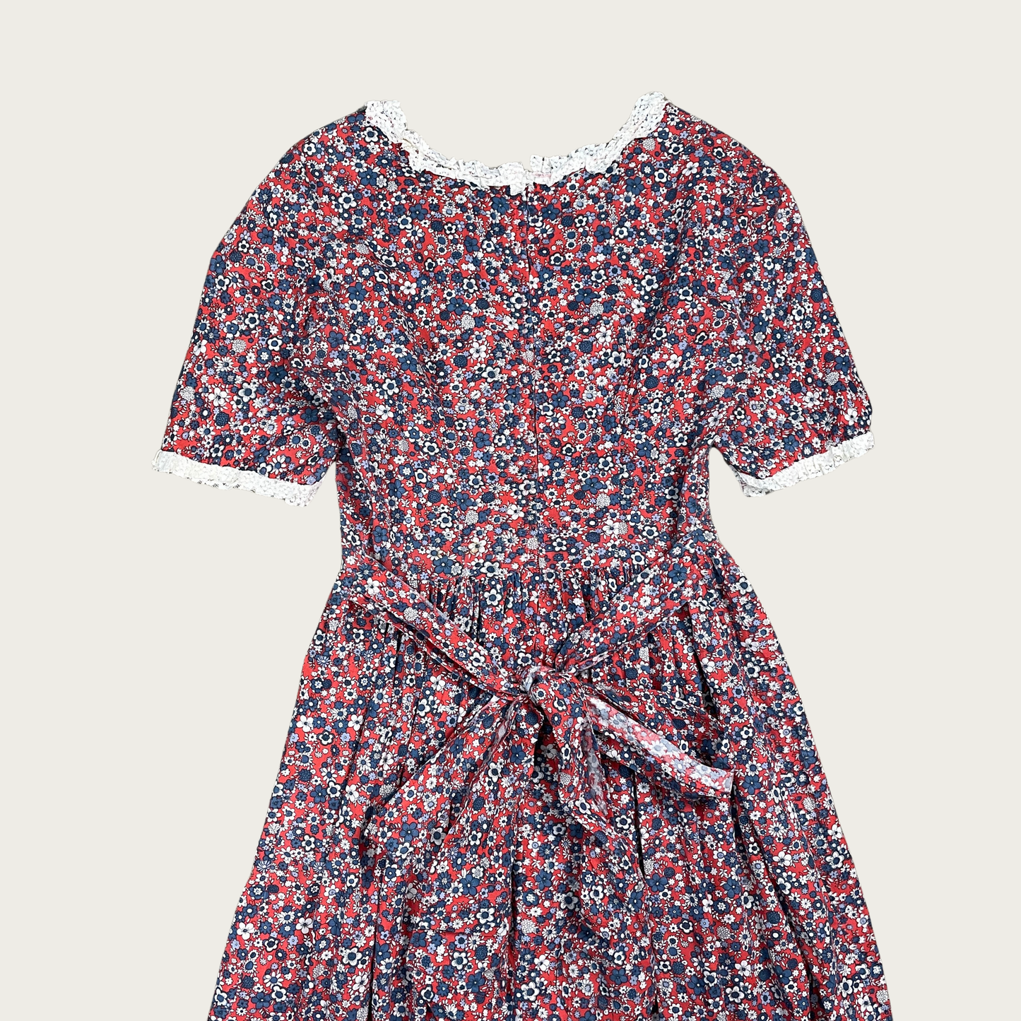 (L) 70s Red and Blue Floral Lace Trim Prairie Dress