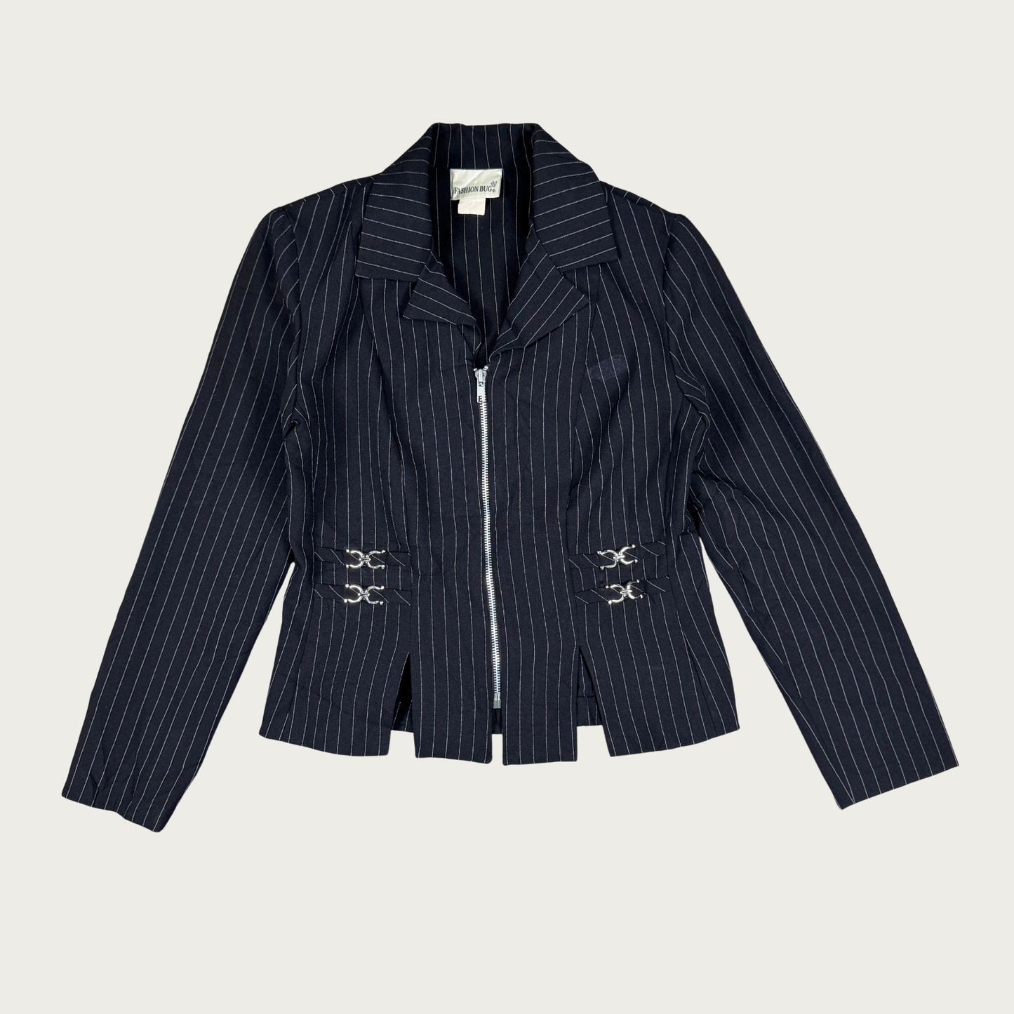 (S/M) Y2K Black Pinstripe Buckle Jacket