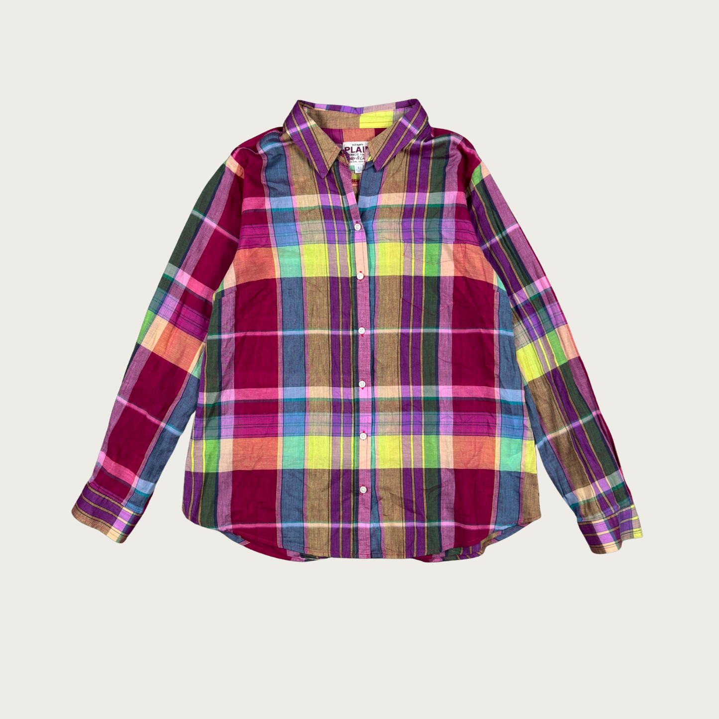 (L) Magenta Multicolor Plaid Cotton Blouse